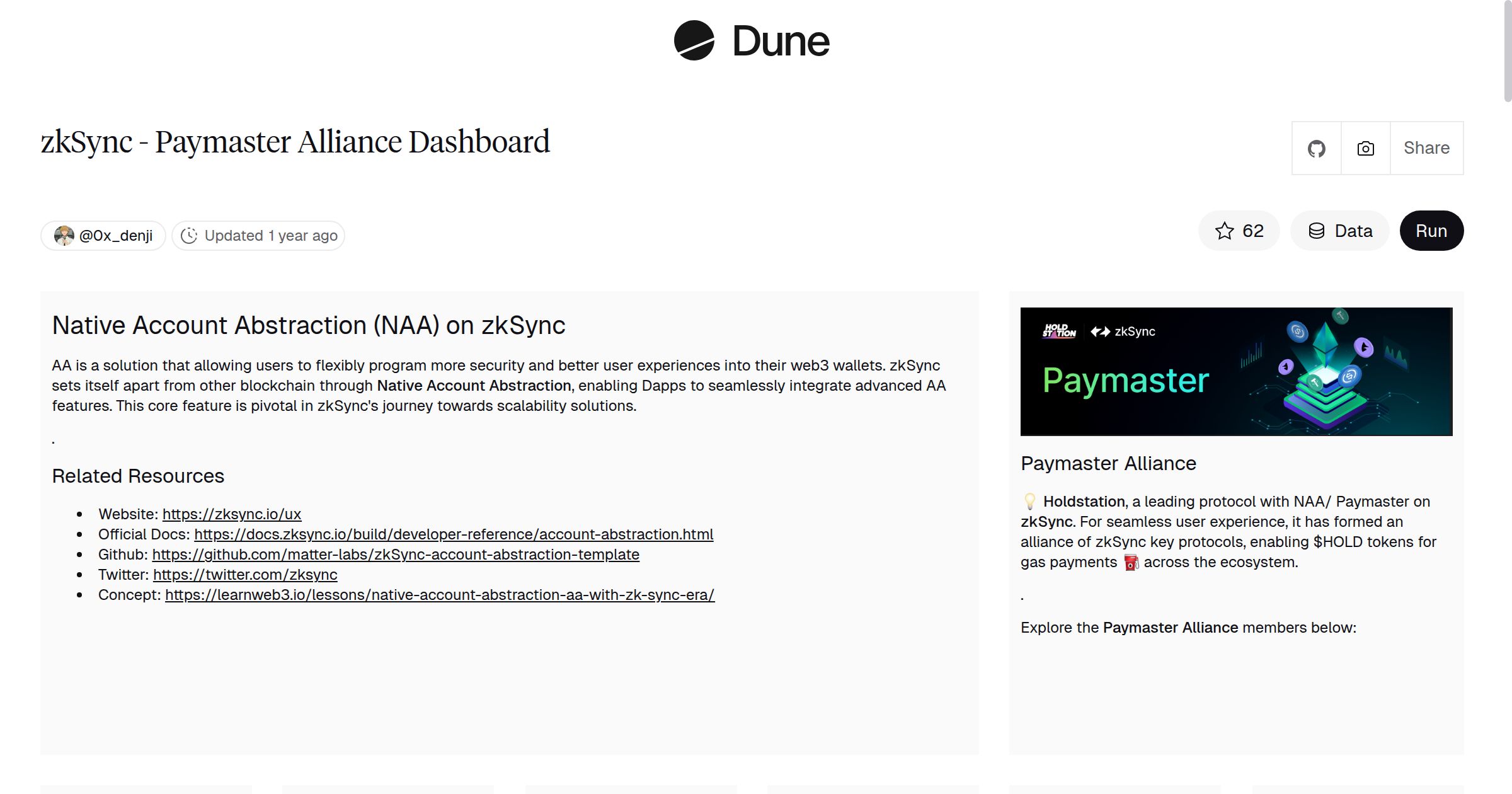 zkSync - Paymaster Alliance Dashboard | Dune