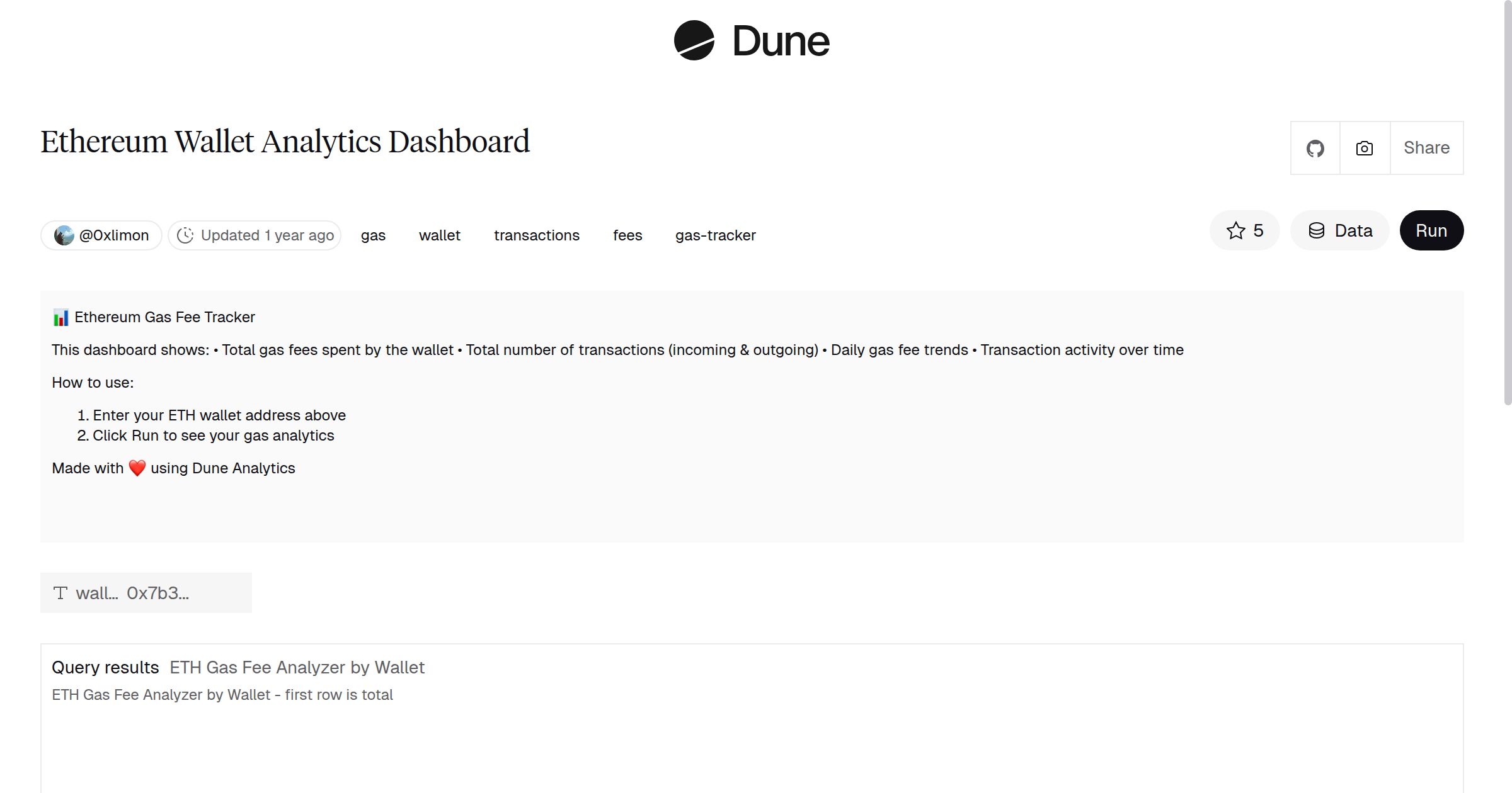Ethereum Wallet Analytics Dashboard | Dune