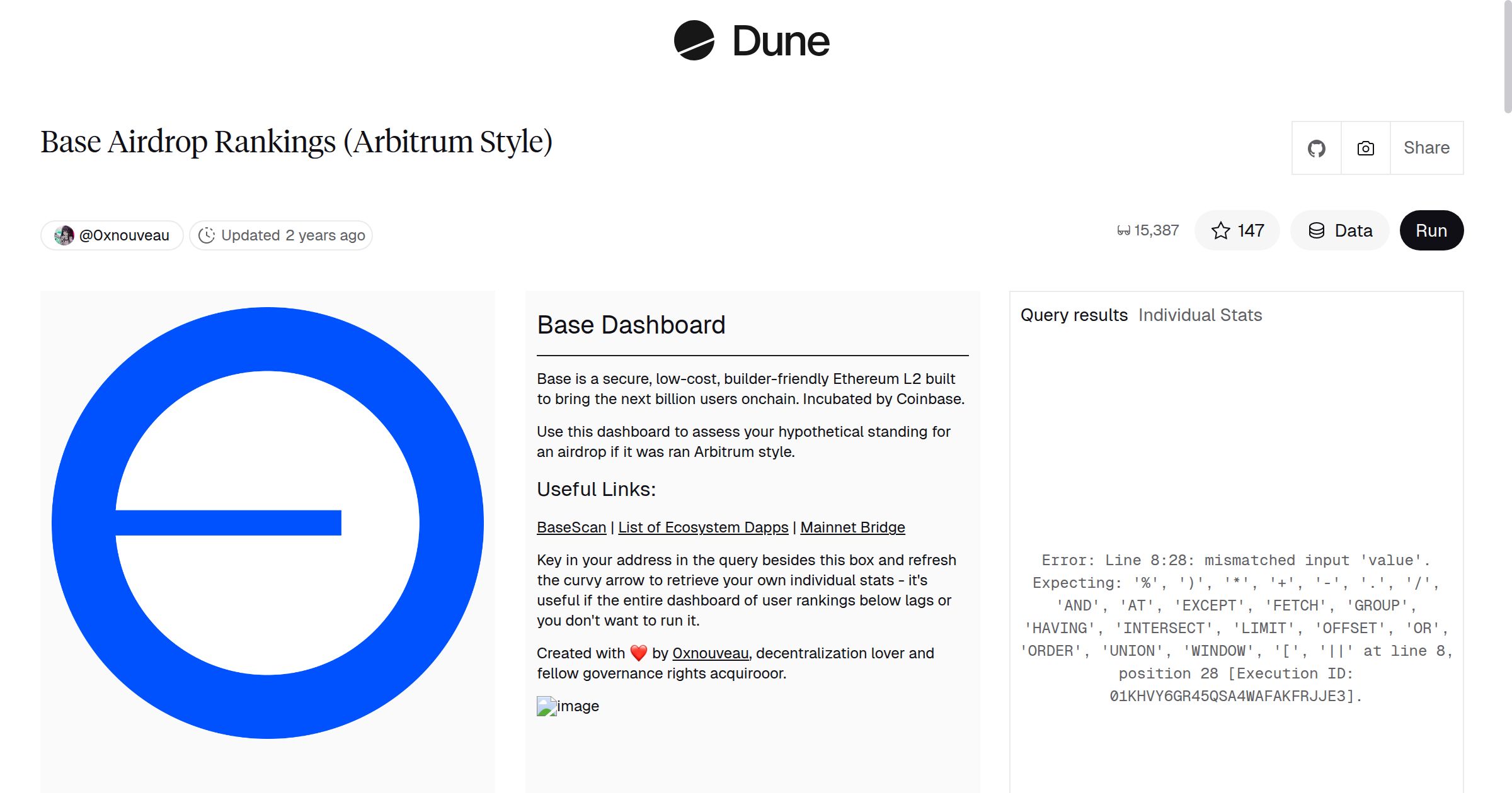 Base Airdrop Rankings (Arbitrum Style) | Dune