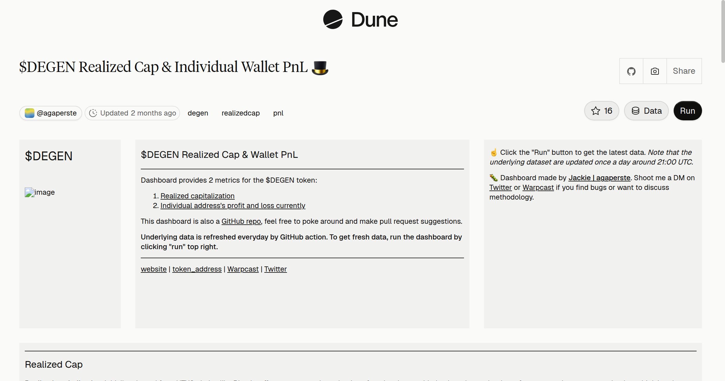 $DEGEN Realized Cap & Individual Wallet PnL 🎩 | Dune