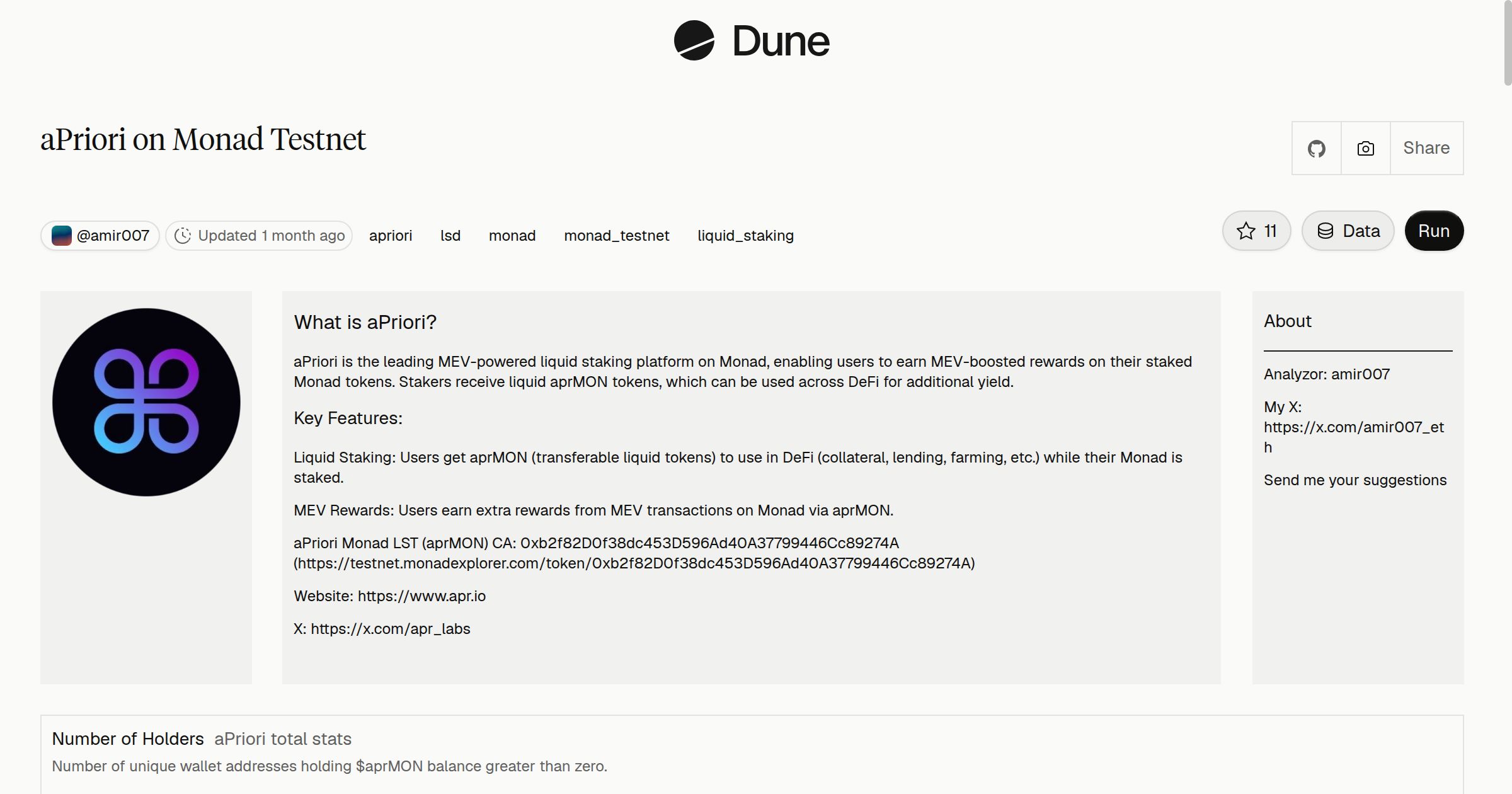 aPriori on Monad Testnet | Dune