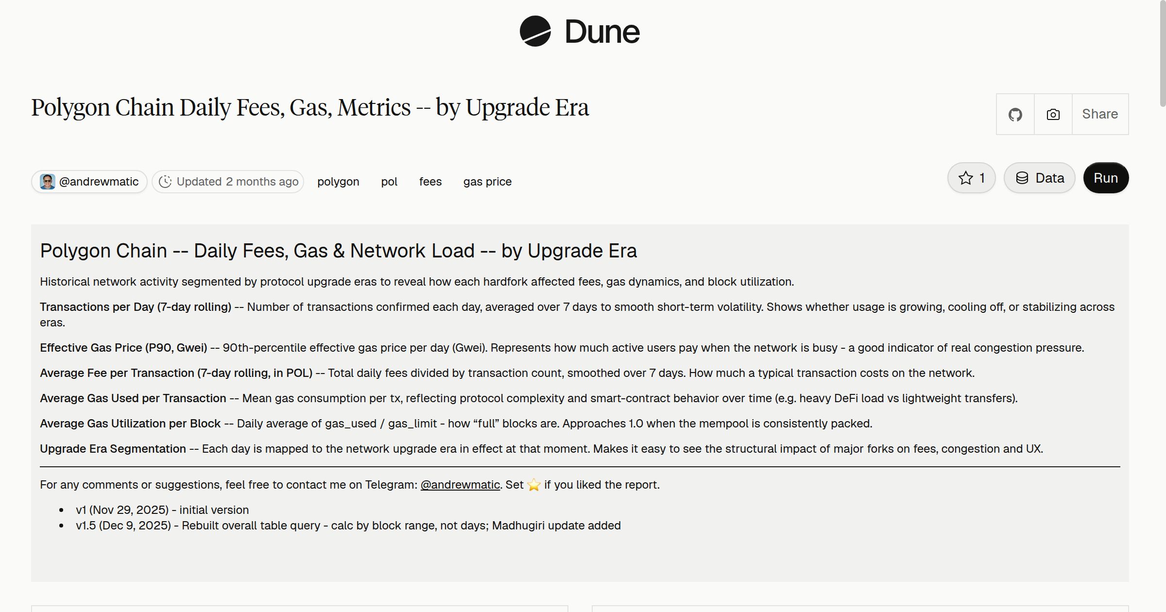 Polygon Chain Daily Fees, Gas, Metrics -- by Upgrade Era | Dune