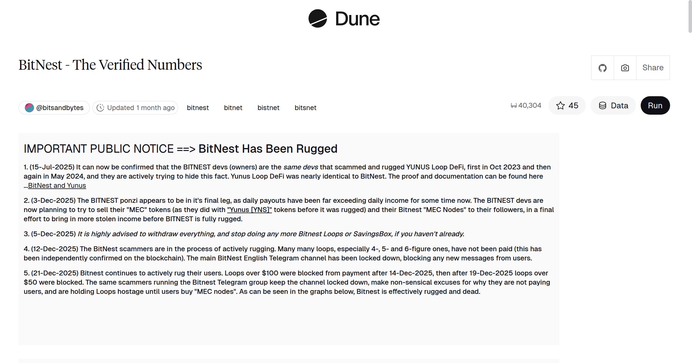 BitNest - The Verified Numbers | Dune