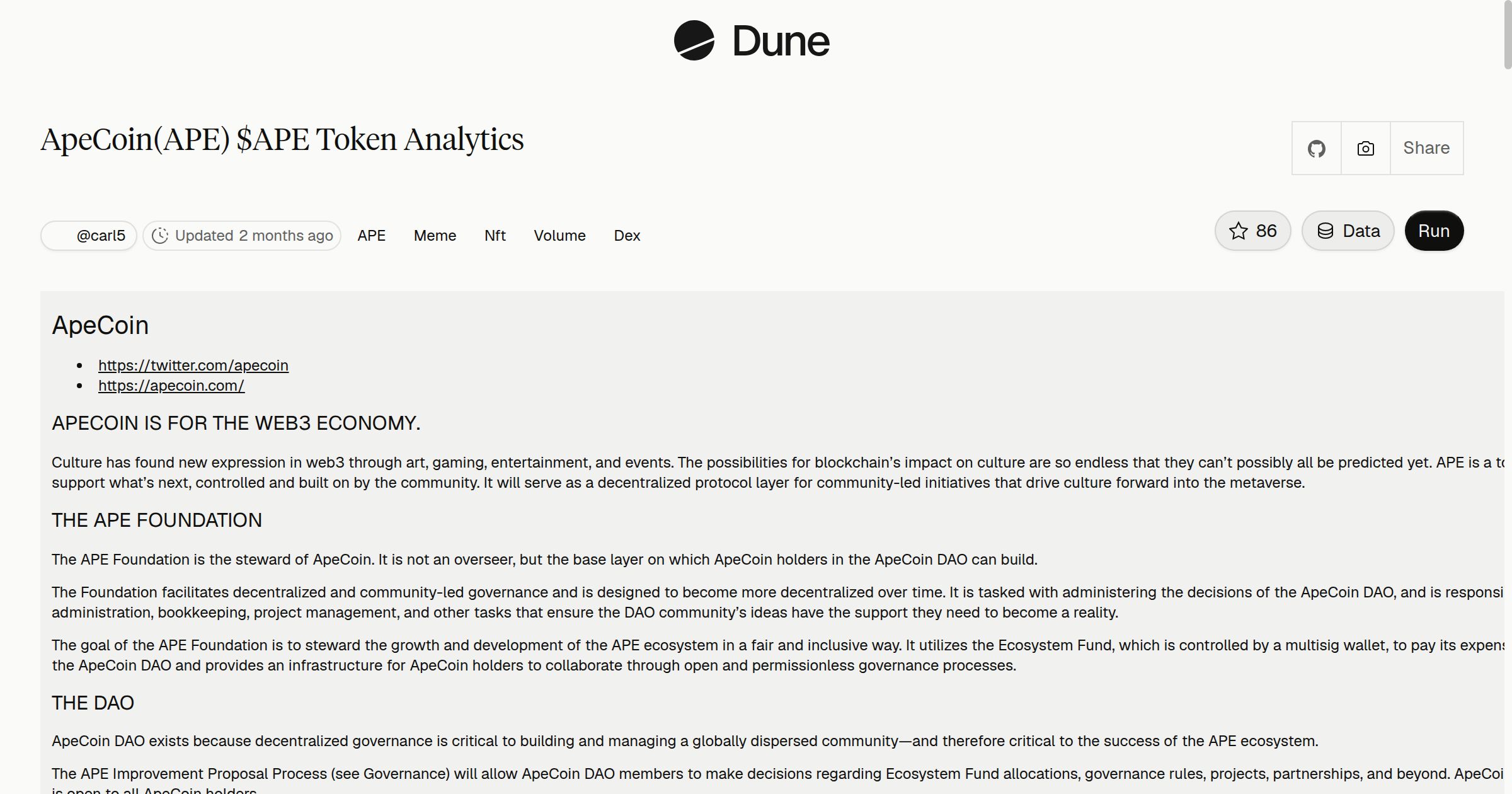 ApeCoin(APE) $APE Token Analytics | Dune
