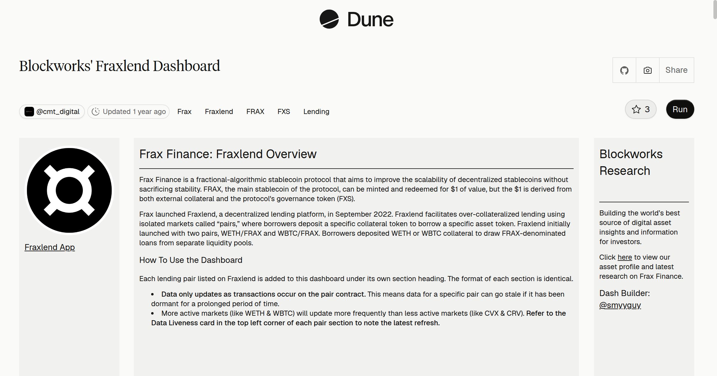 Blockworks' Fraxlend Dashboard | Dune