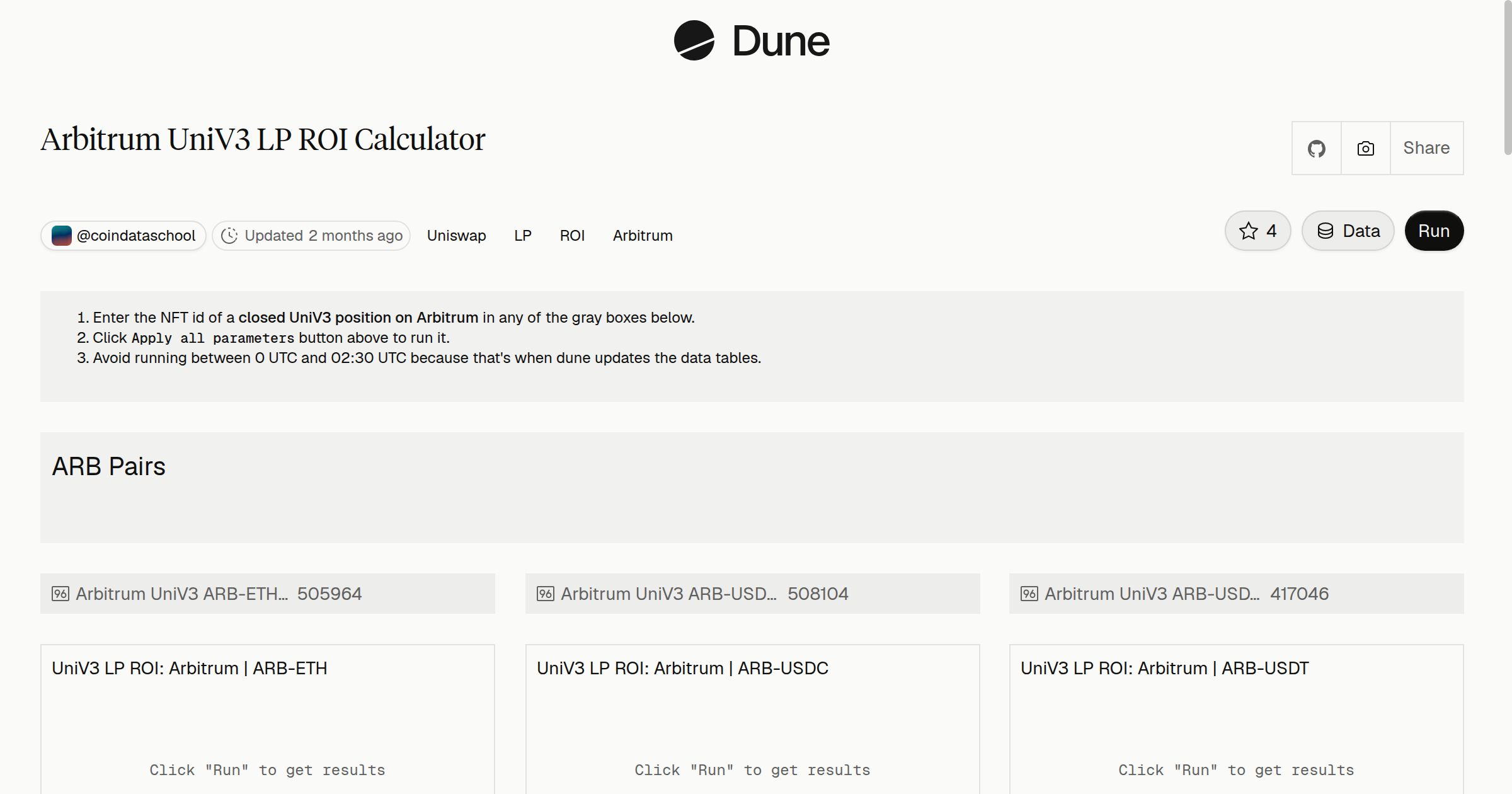 Arbitrum UniV3 LP ROI Calculator | Dune