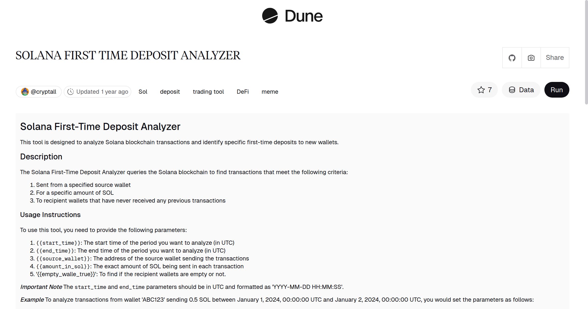 SOLANA FIRST TIME DEPOSIT ANALYZER | Dune