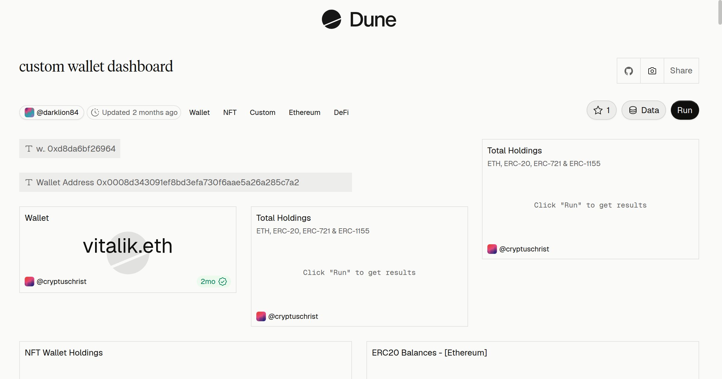 custom wallet dashboard | Dune