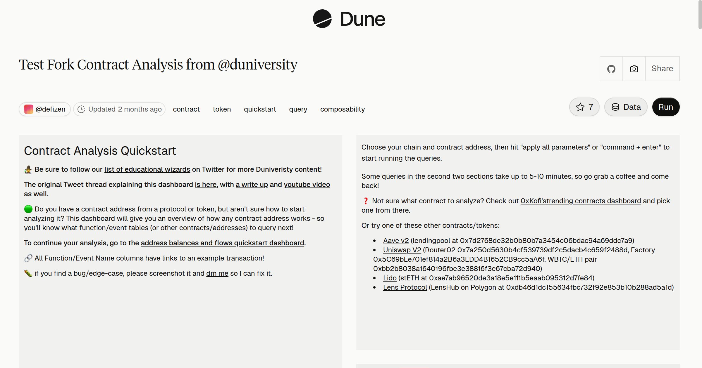 Test Fork Contract Analysis from @duniversity | Dune