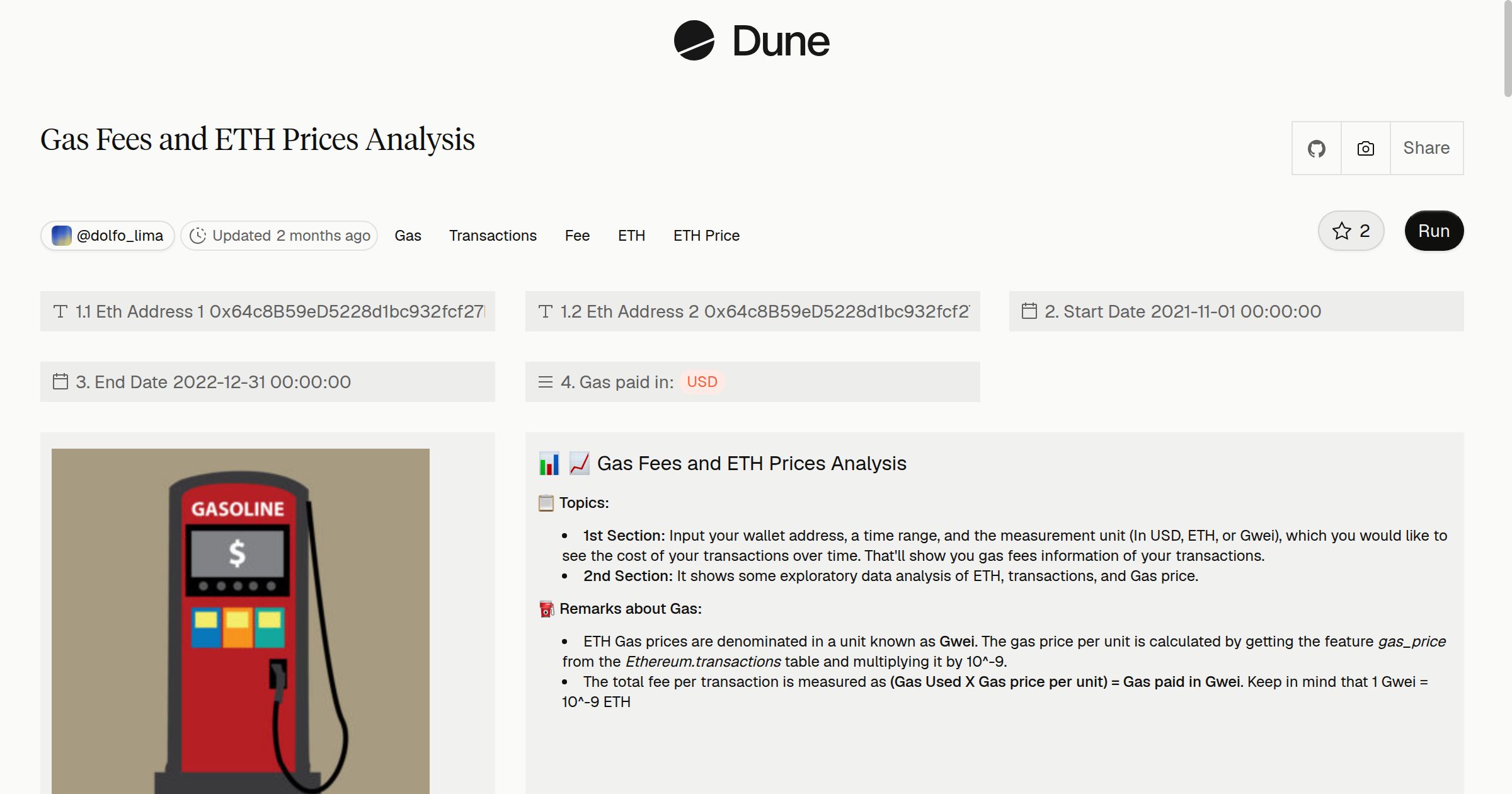 Gas Fees and ETH Prices Analysis | Dune