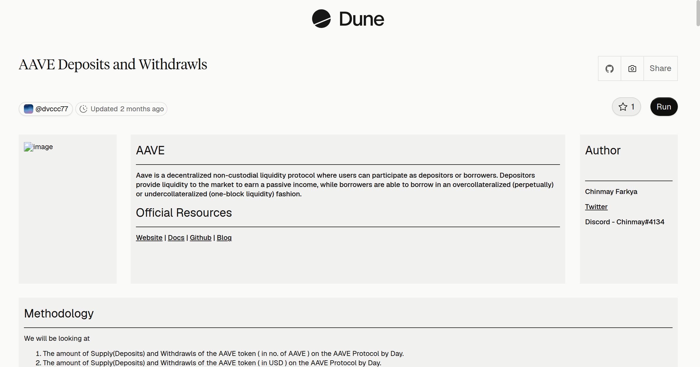 AAVE Deposits and Withdrawls | Dune
