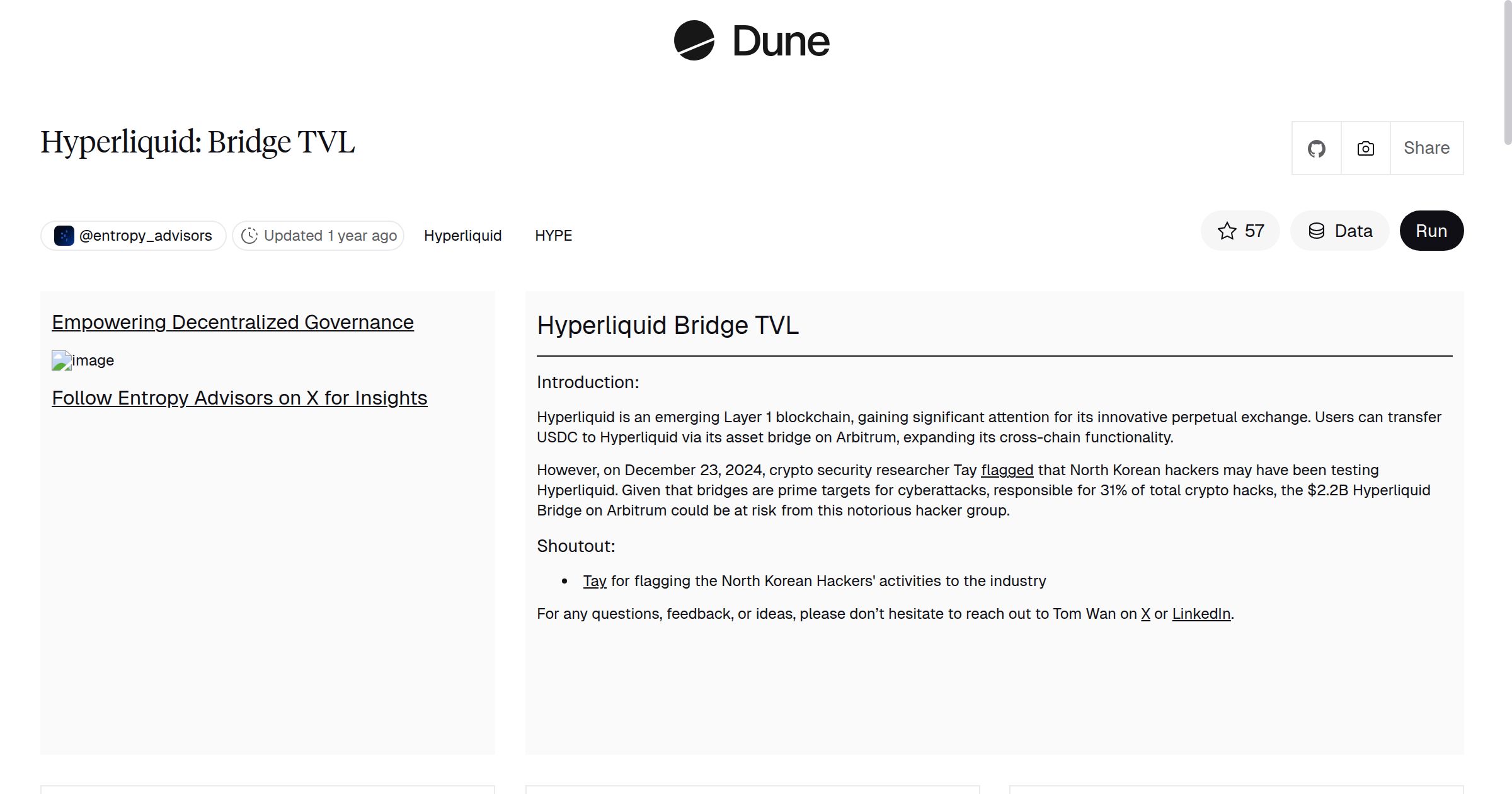 Hyperliquid: Bridge TVL | Dune