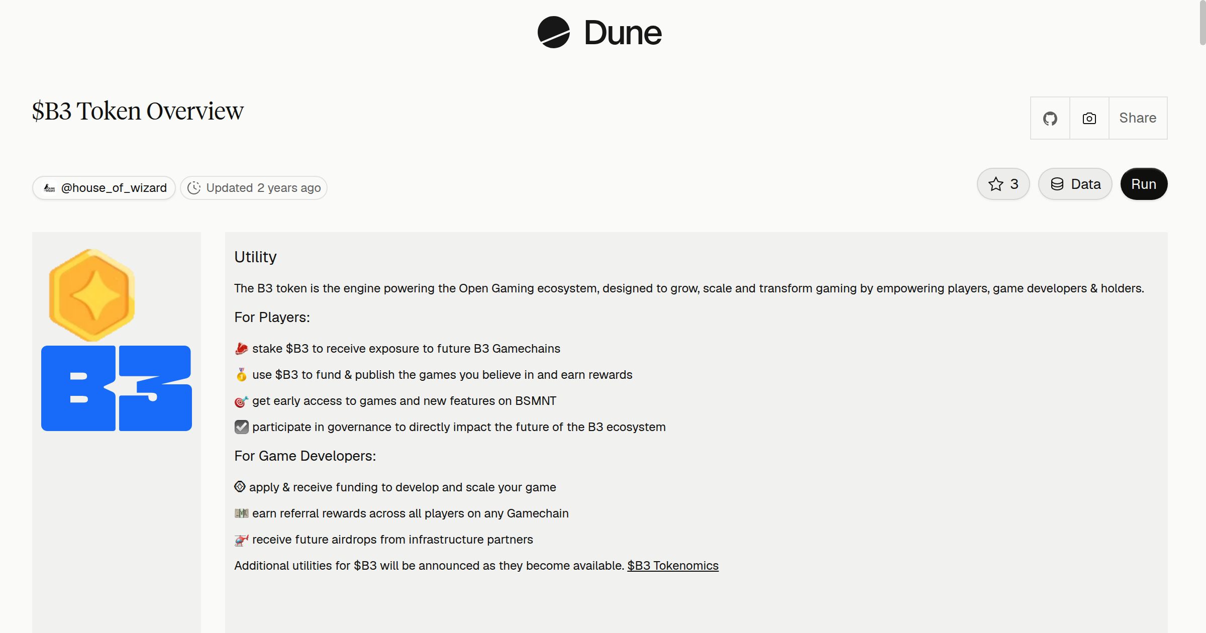 $B3 Token Overview | Dune