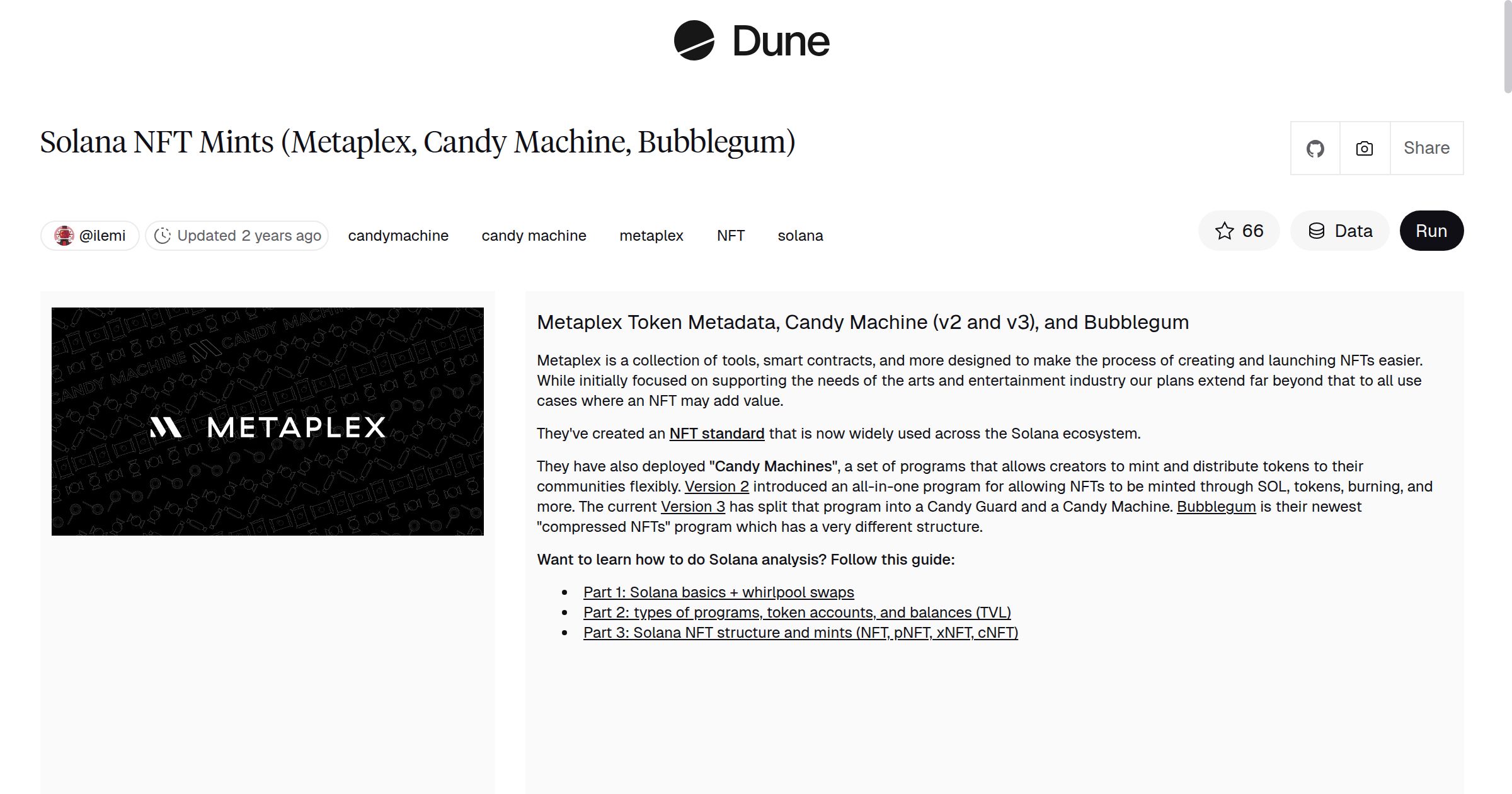 Solana NFT Mints (Metaplex, Candy Machine, Bubblegum) | Dune