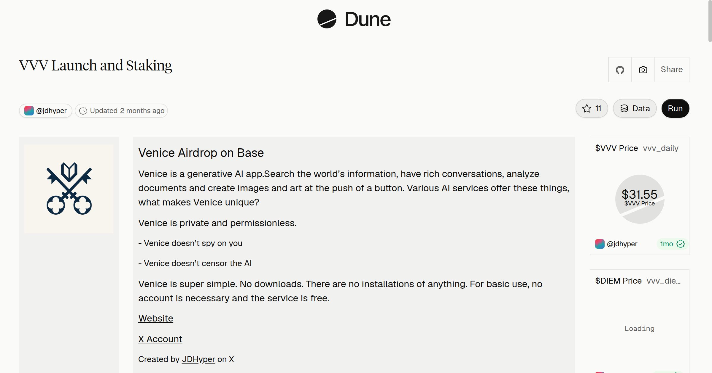 VVV Launch and Staking | Dune