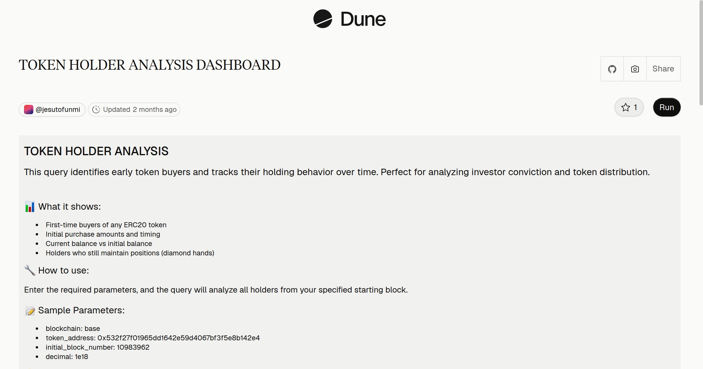 TOKEN HOLDER ANALYSIS DASHBOARD | Dune
