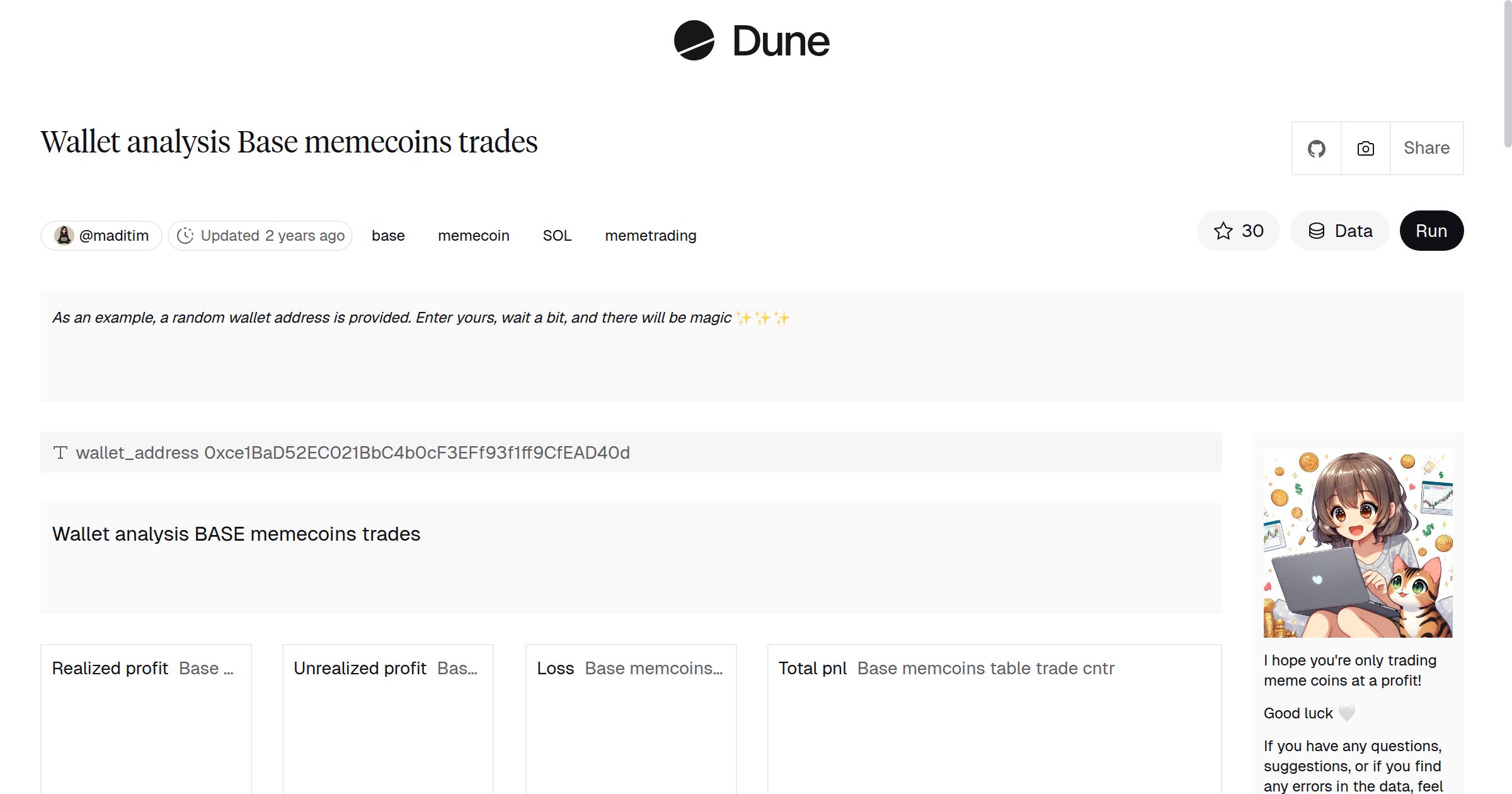 Wallet analysis Base memecoins trades | Dune