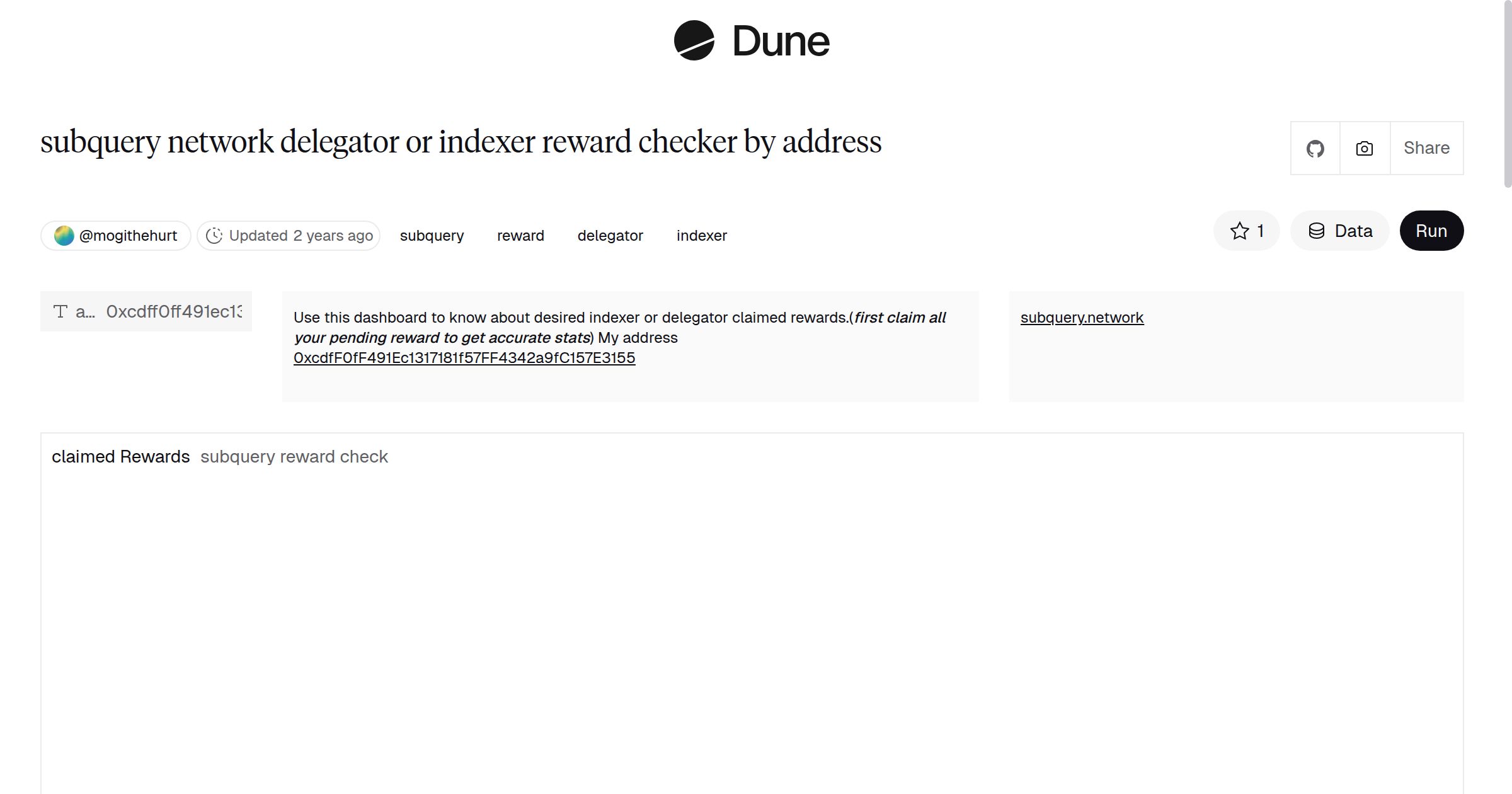 subquery network delegator or indexer reward checker by address | Dune
