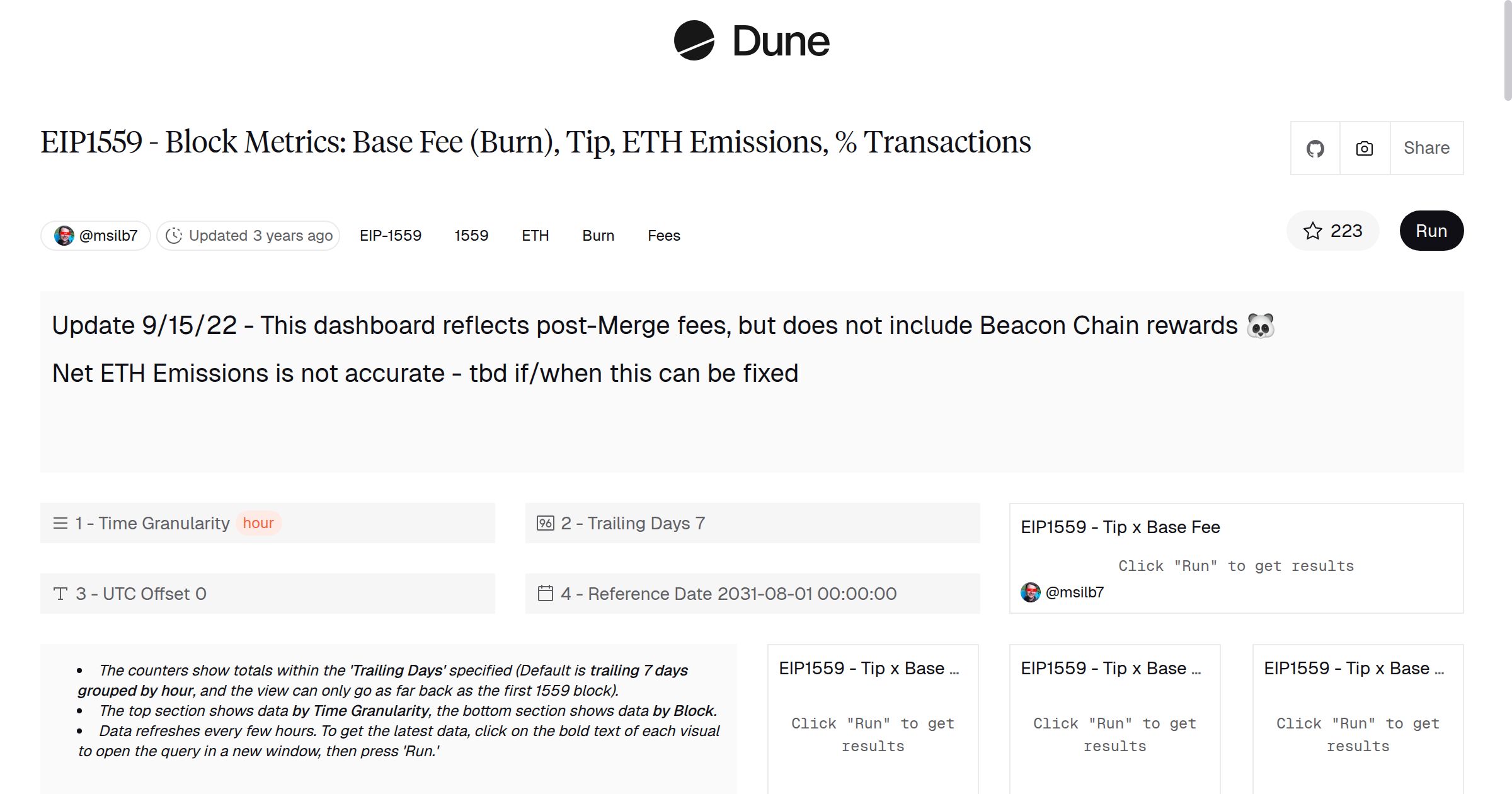 EIP1559 - Block Metrics: Base Fee (Burn), Tip, ETH Emissions, %  Transactions | Dune