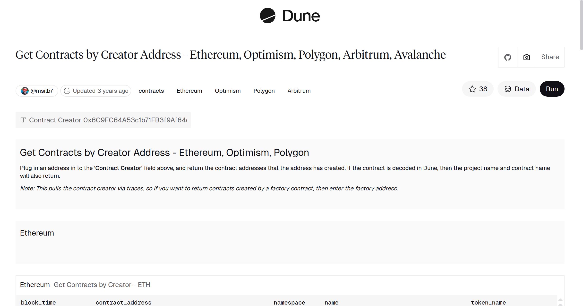 Get Contracts by Creator Address - Ethereum, Optimism, Polygon, Arbitrum,  Avalanche | Dune