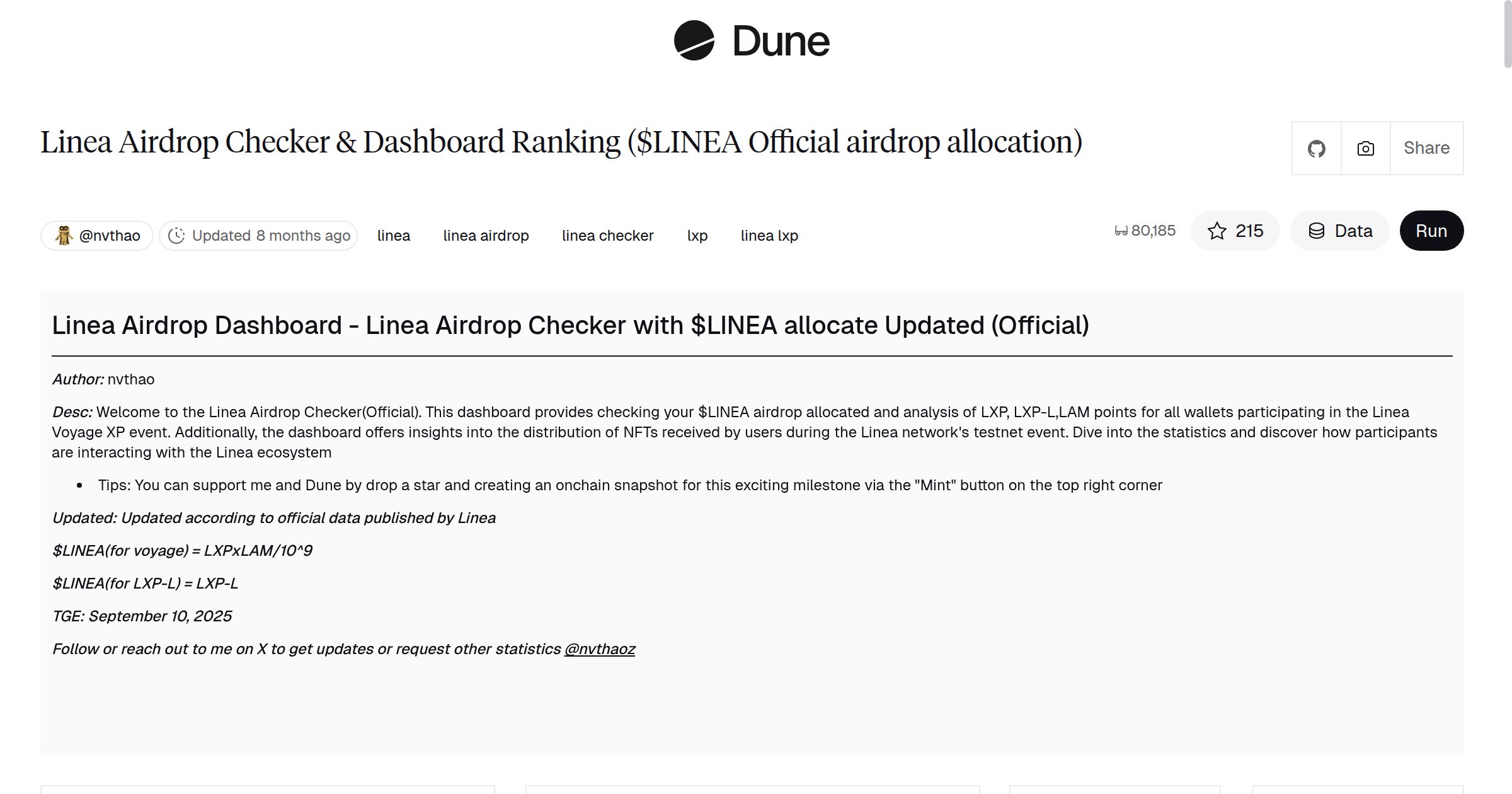 Linea Airdrop Checker & Dashboard Ranking ($LINEA Official airdrop  allocation) | Dune