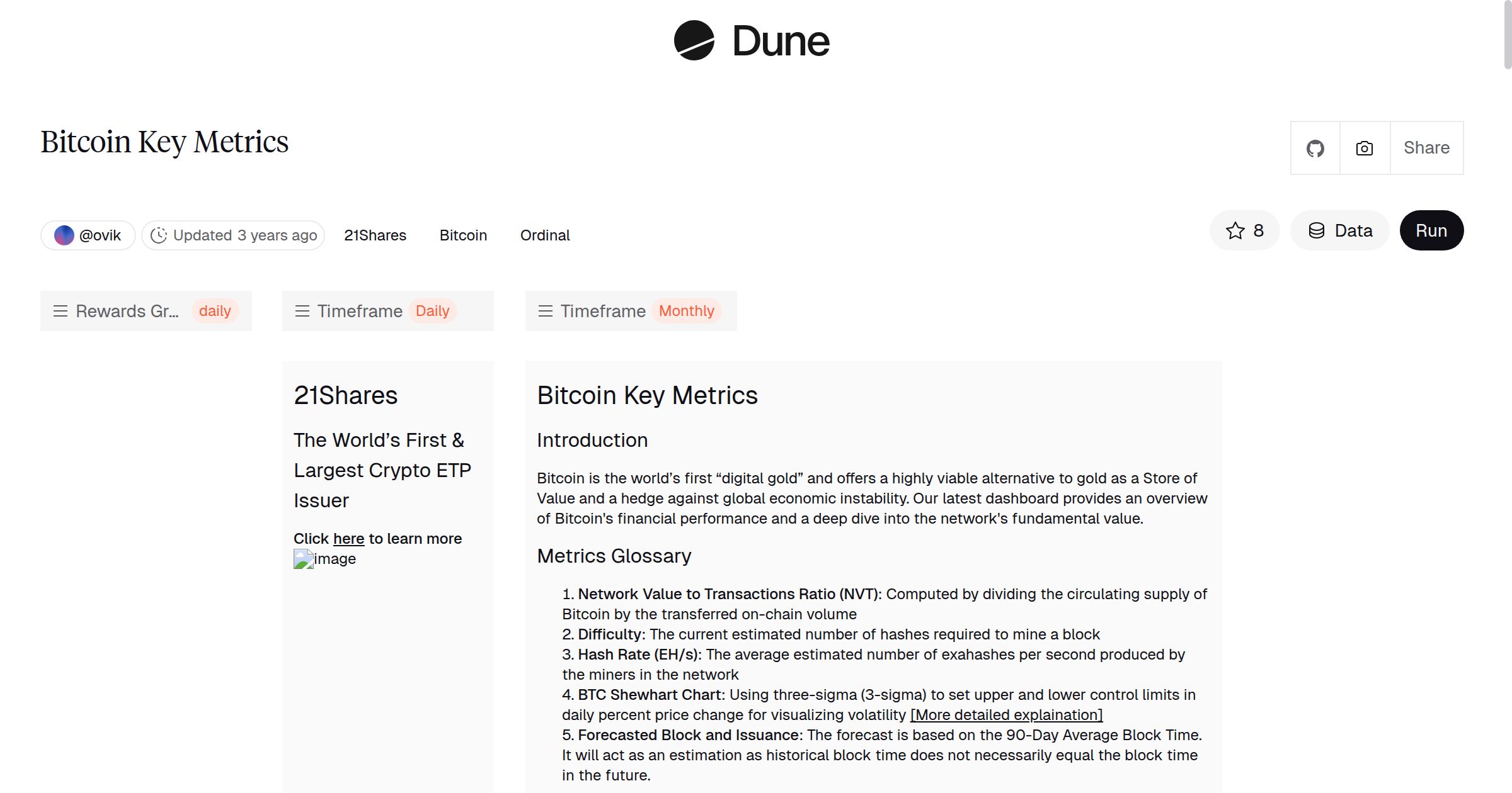 Bitcoin Key Metrics | Dune