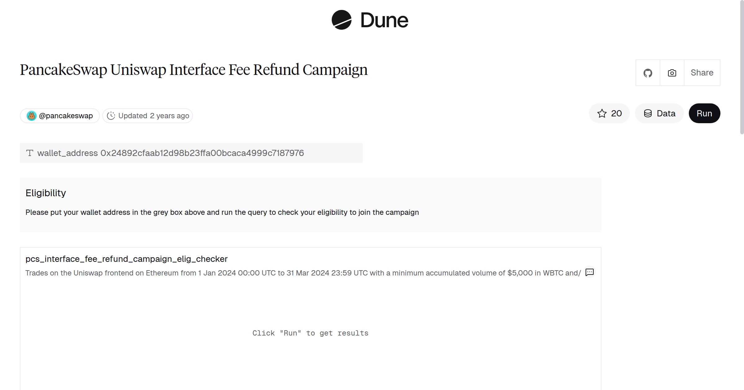 PancakeSwap Uniswap Interface Fee Refund Campaign | Dune