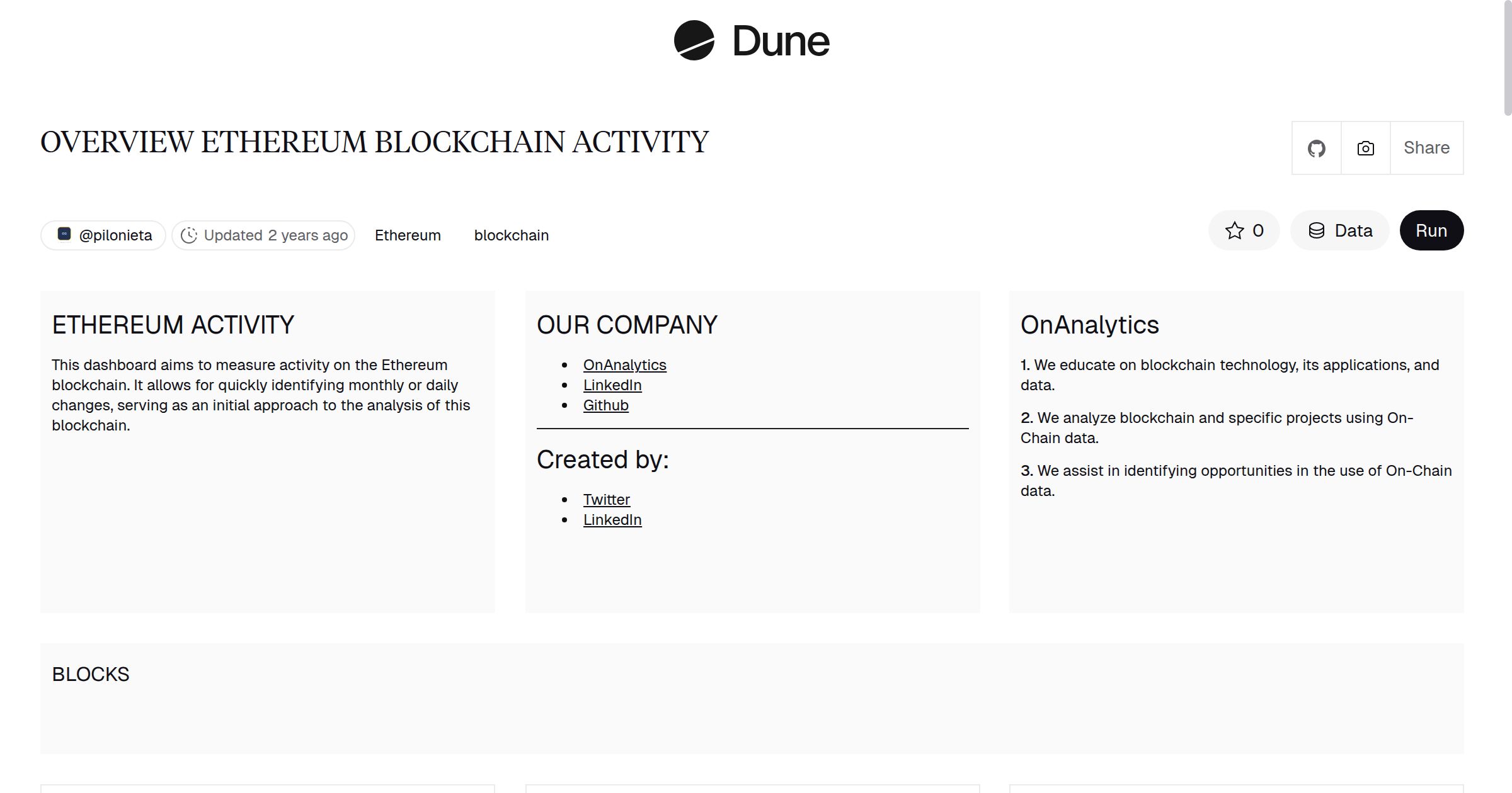 OVERVIEW ETHEREUM BLOCKCHAIN ACTIVITY | Dune