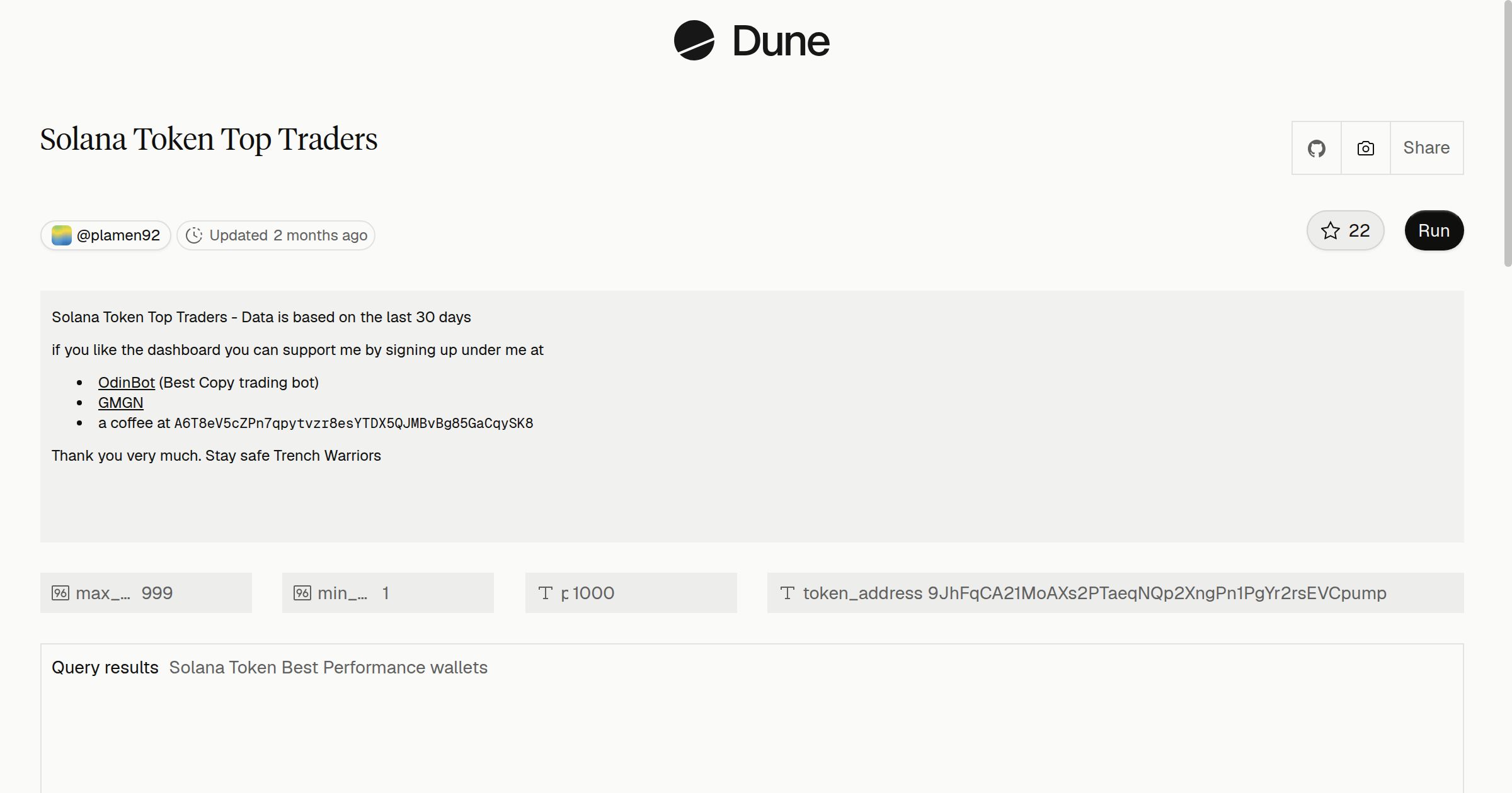 Solana Token Top Traders | Dune