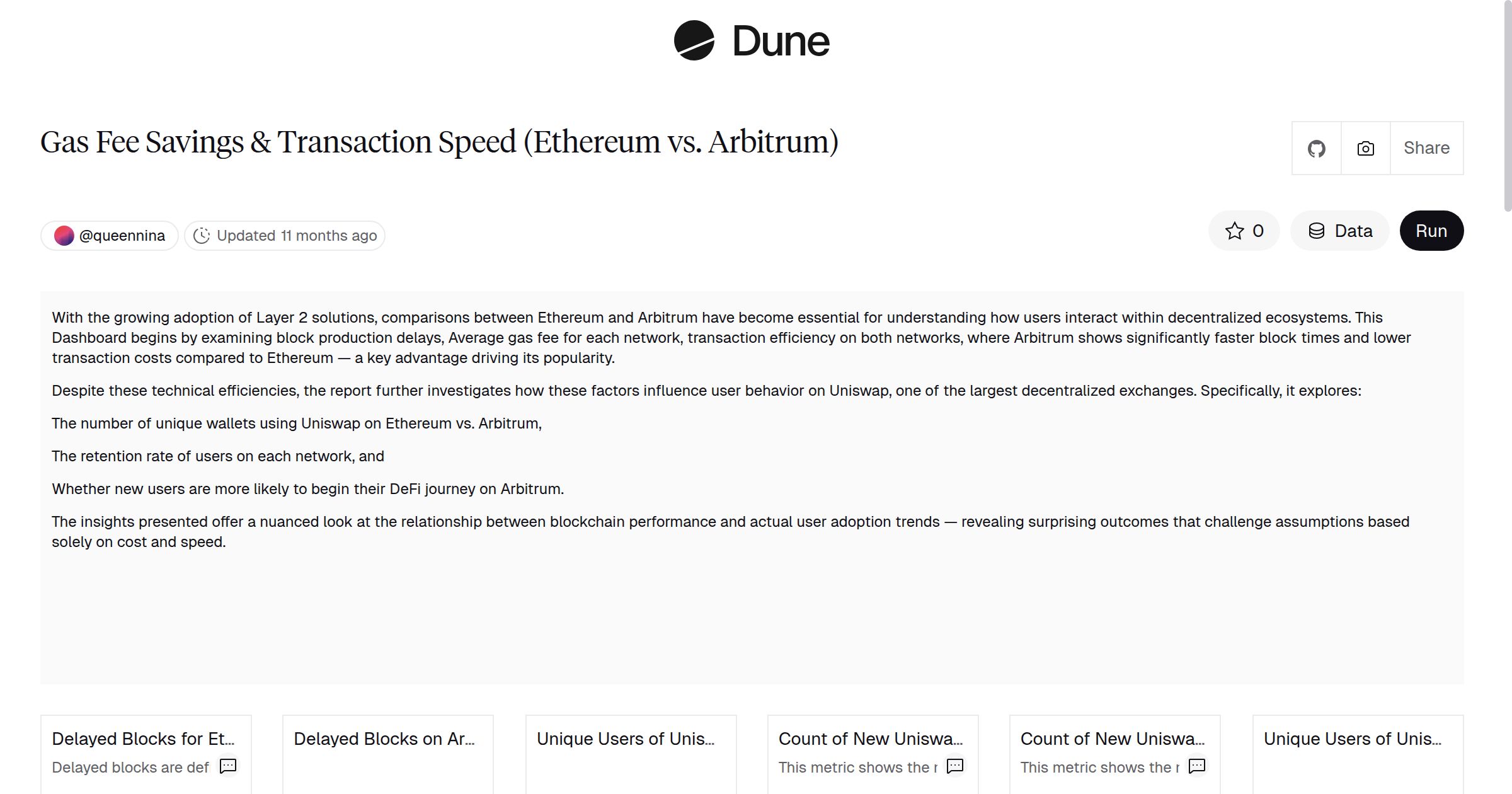 Gas Fee Savings & Transaction Speed (Ethereum vs. Arbitrum) | Dune
