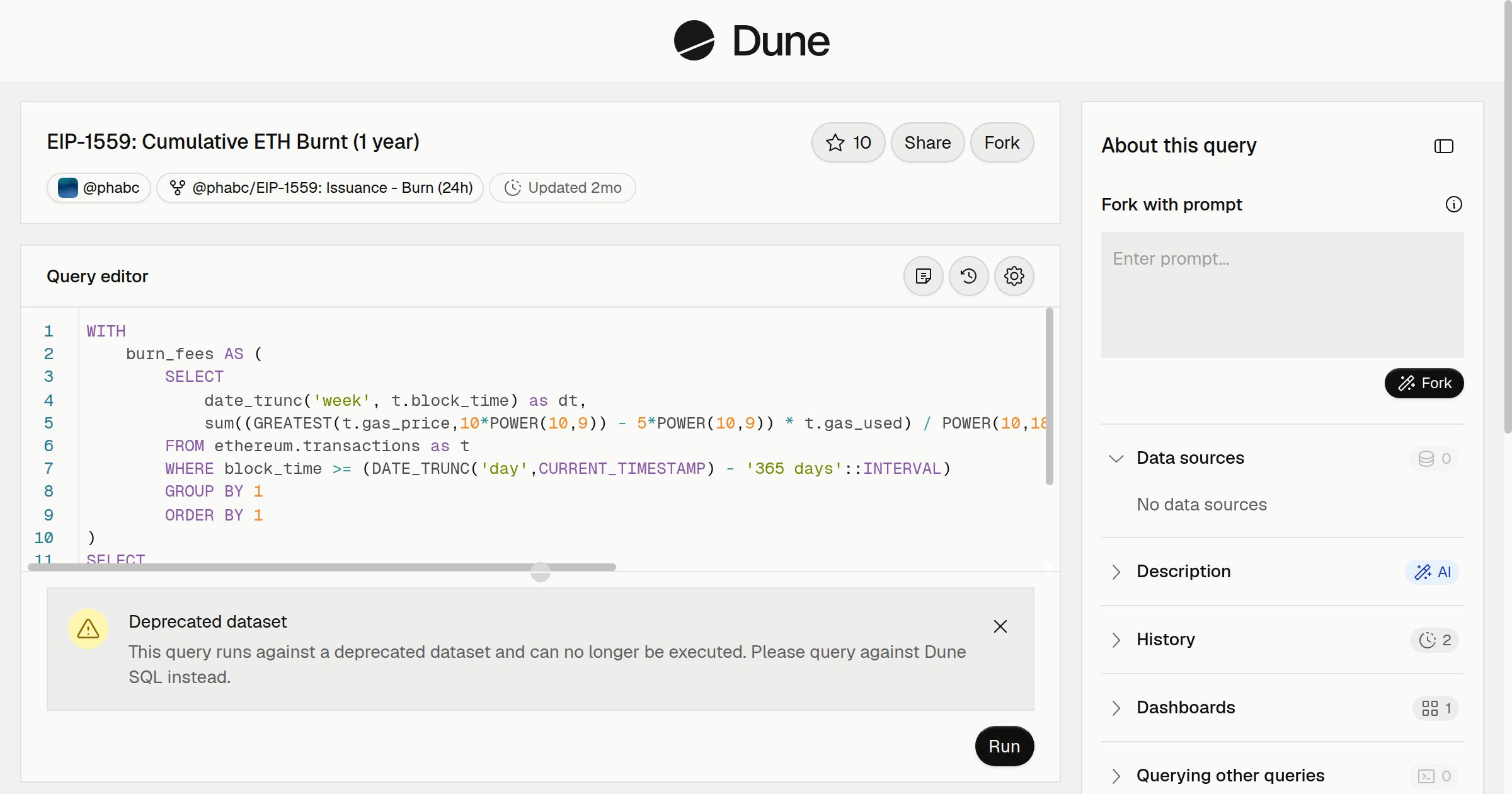 EIP-1559: Cumulative ETH Burnt (1 year) | Dune