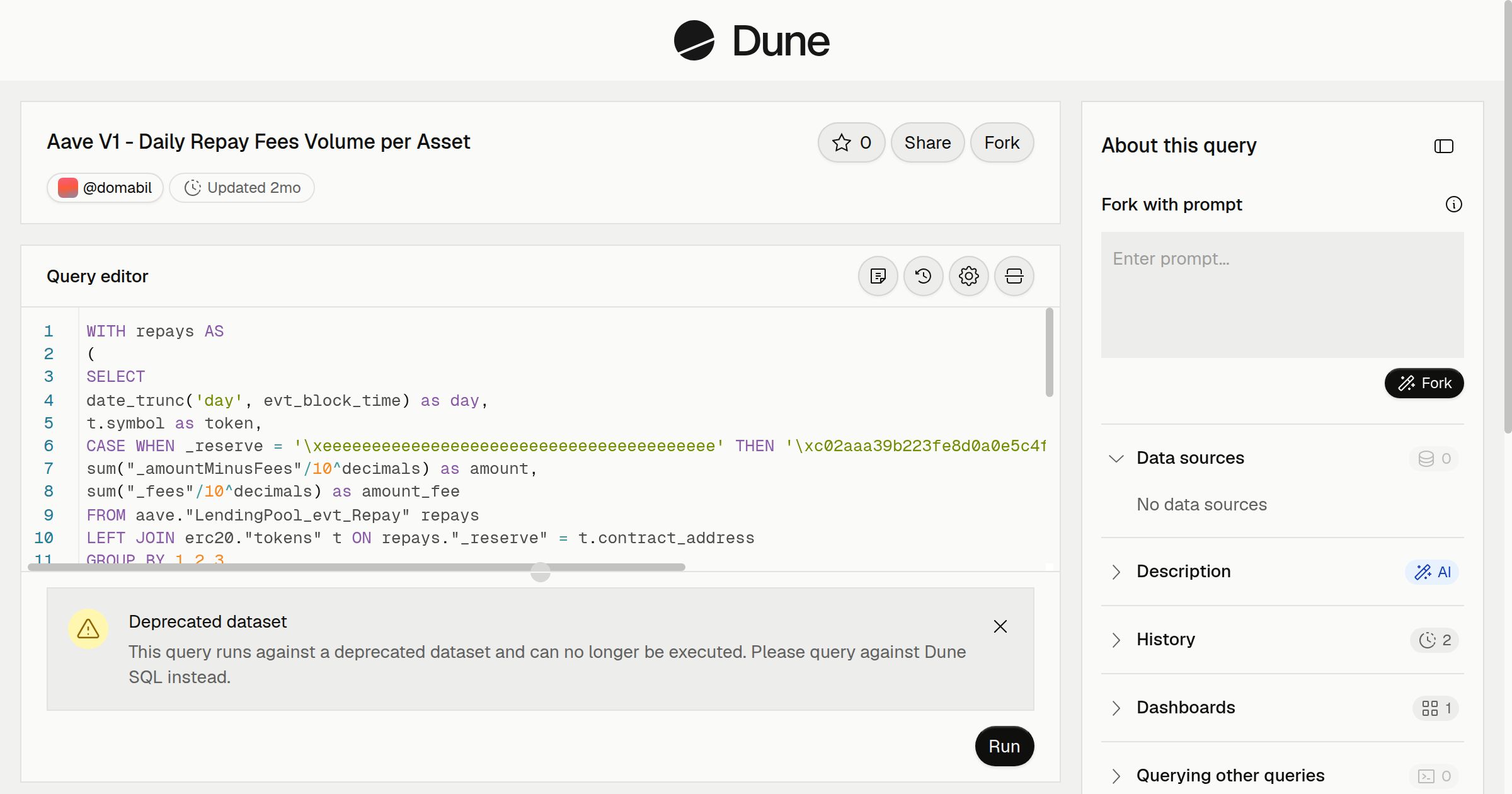 Aave V1 - Daily Repay Fees Volume per Asset | Dune