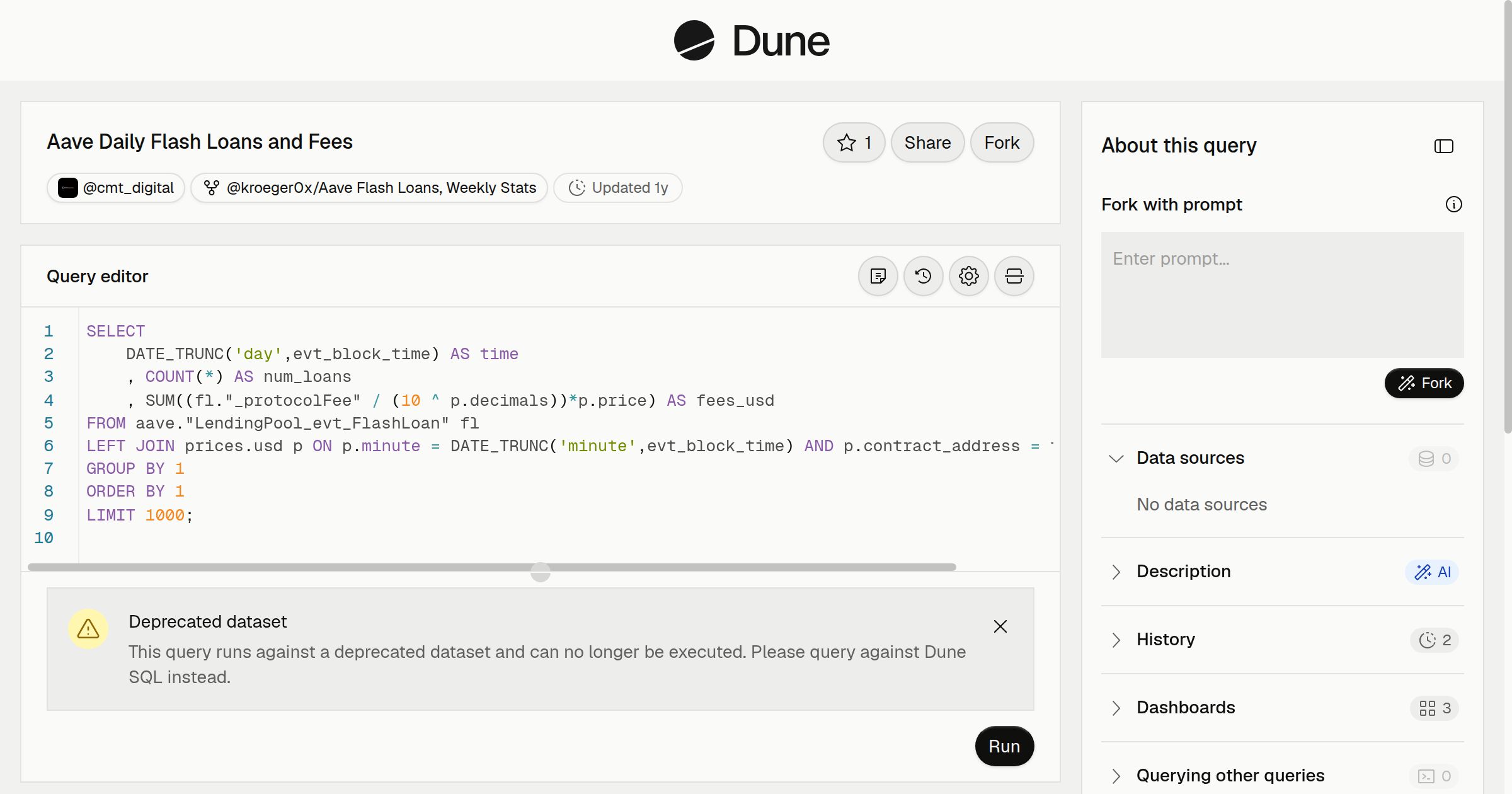 Aave Daily Flash Loans and Fees | Dune