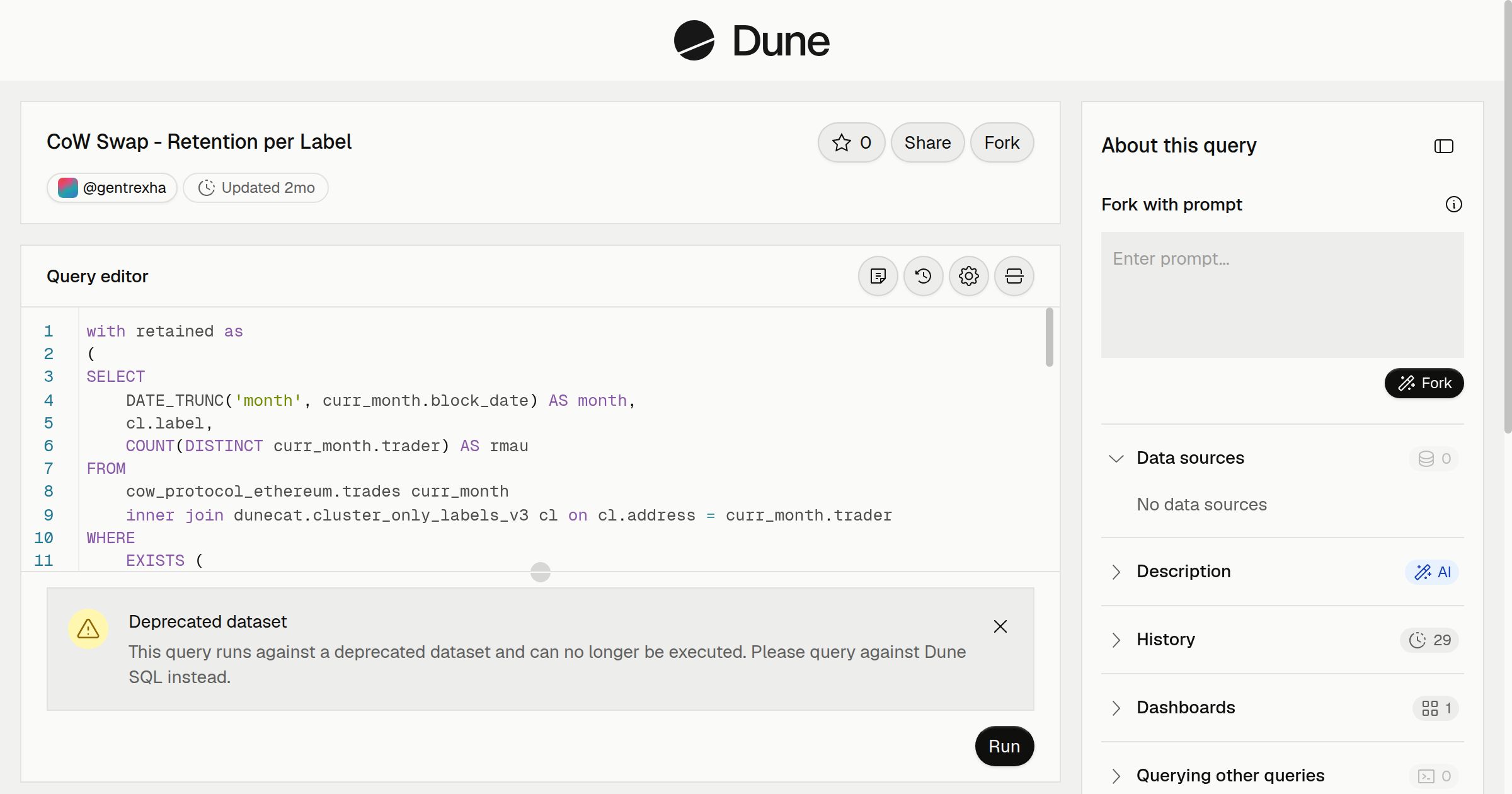 CoW Swap - Retention per Label | Dune