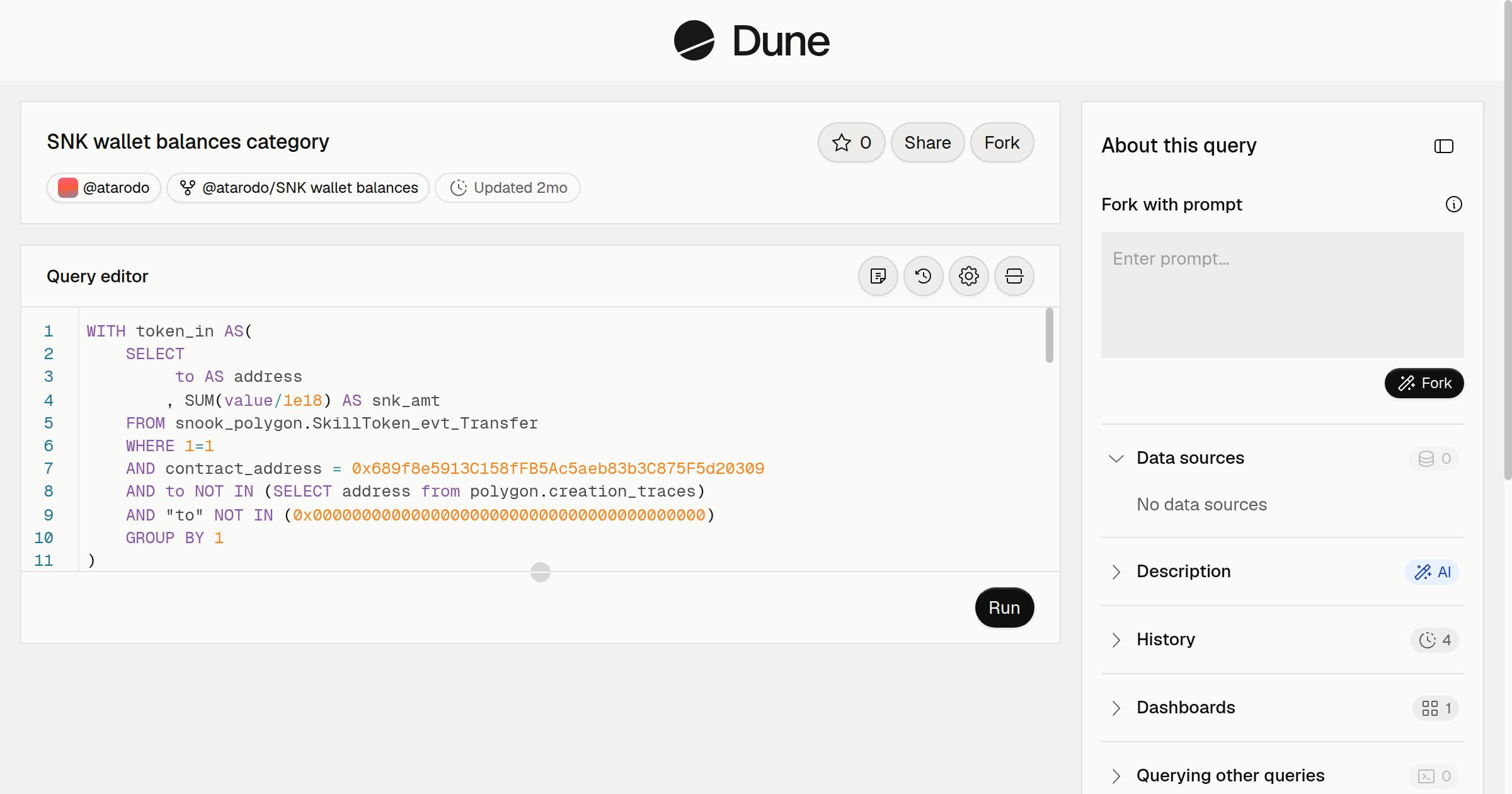 SNK wallet balances category | Dune