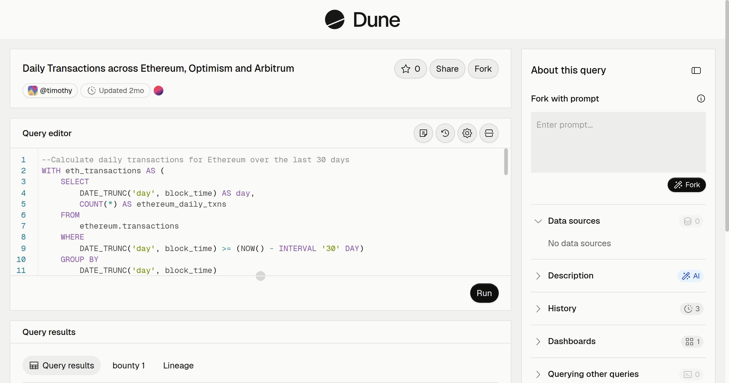 Daily Transactions across Ethereum, Optimism and Arbitrum | Dune