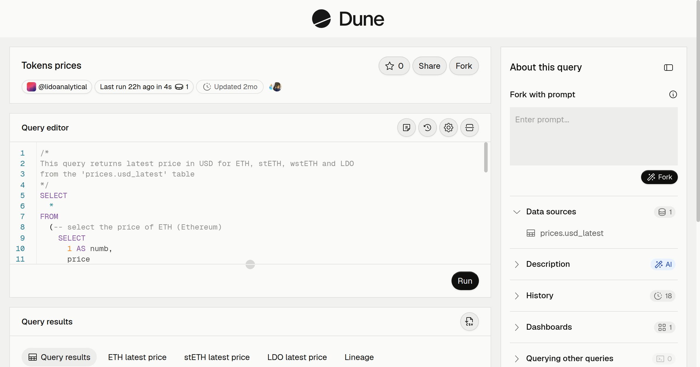 Tokens prices | Dune