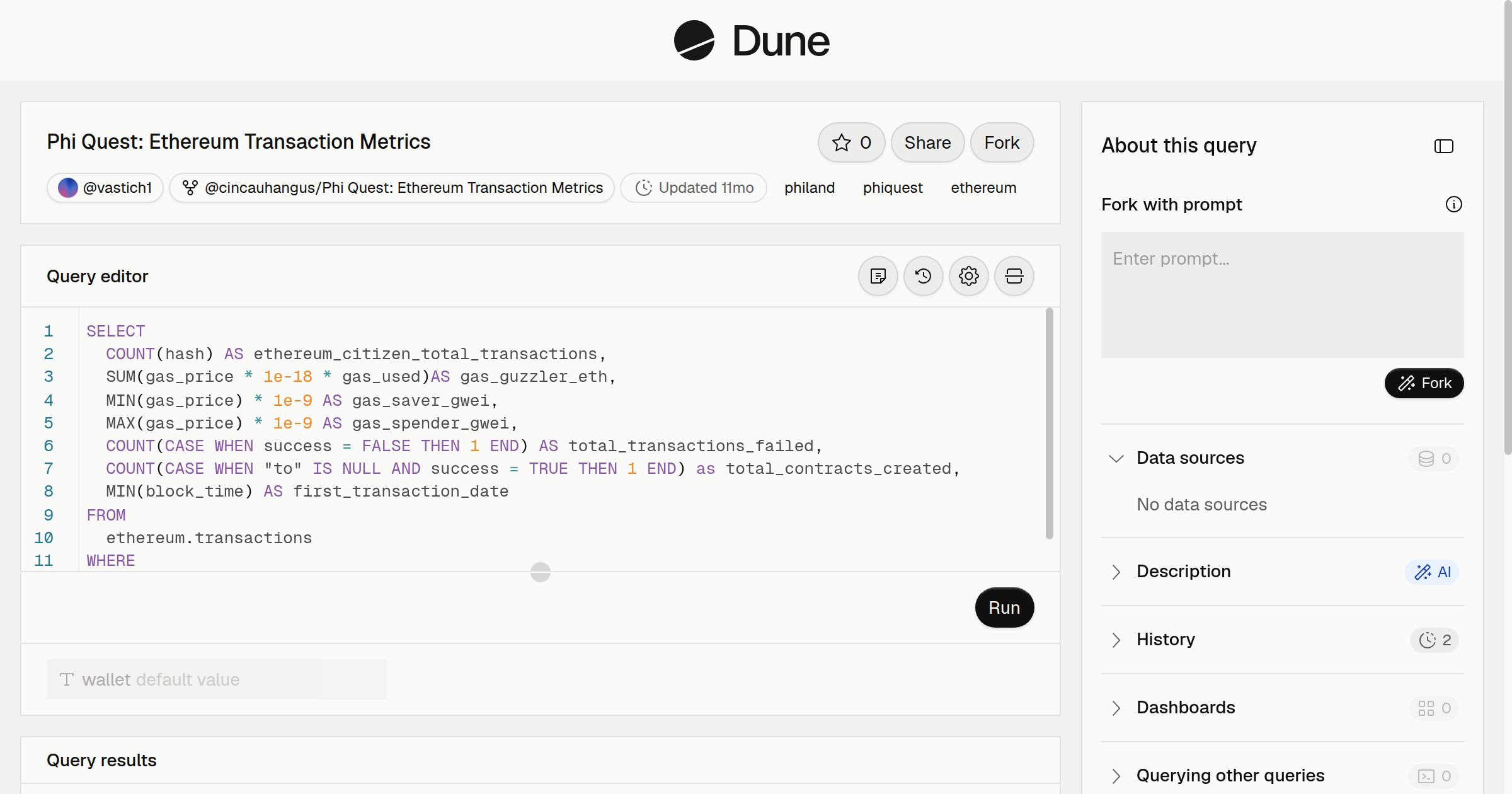 Phi Quest: Ethereum Transaction Metrics | Dune