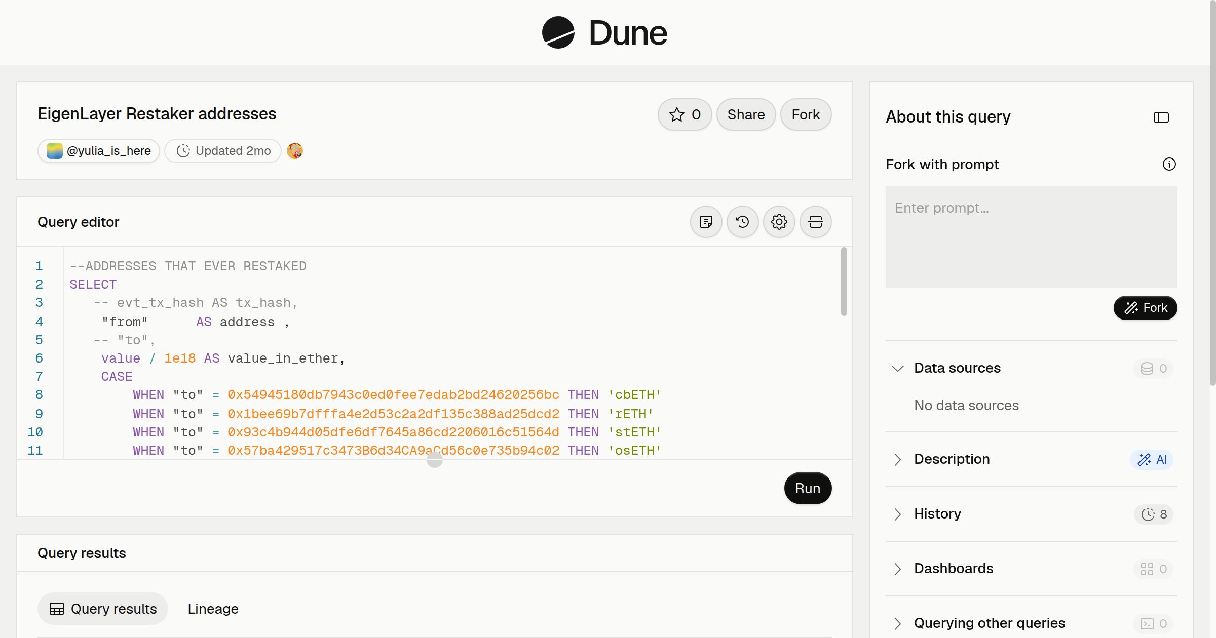 EigenLayer Restaker addresses | Dune