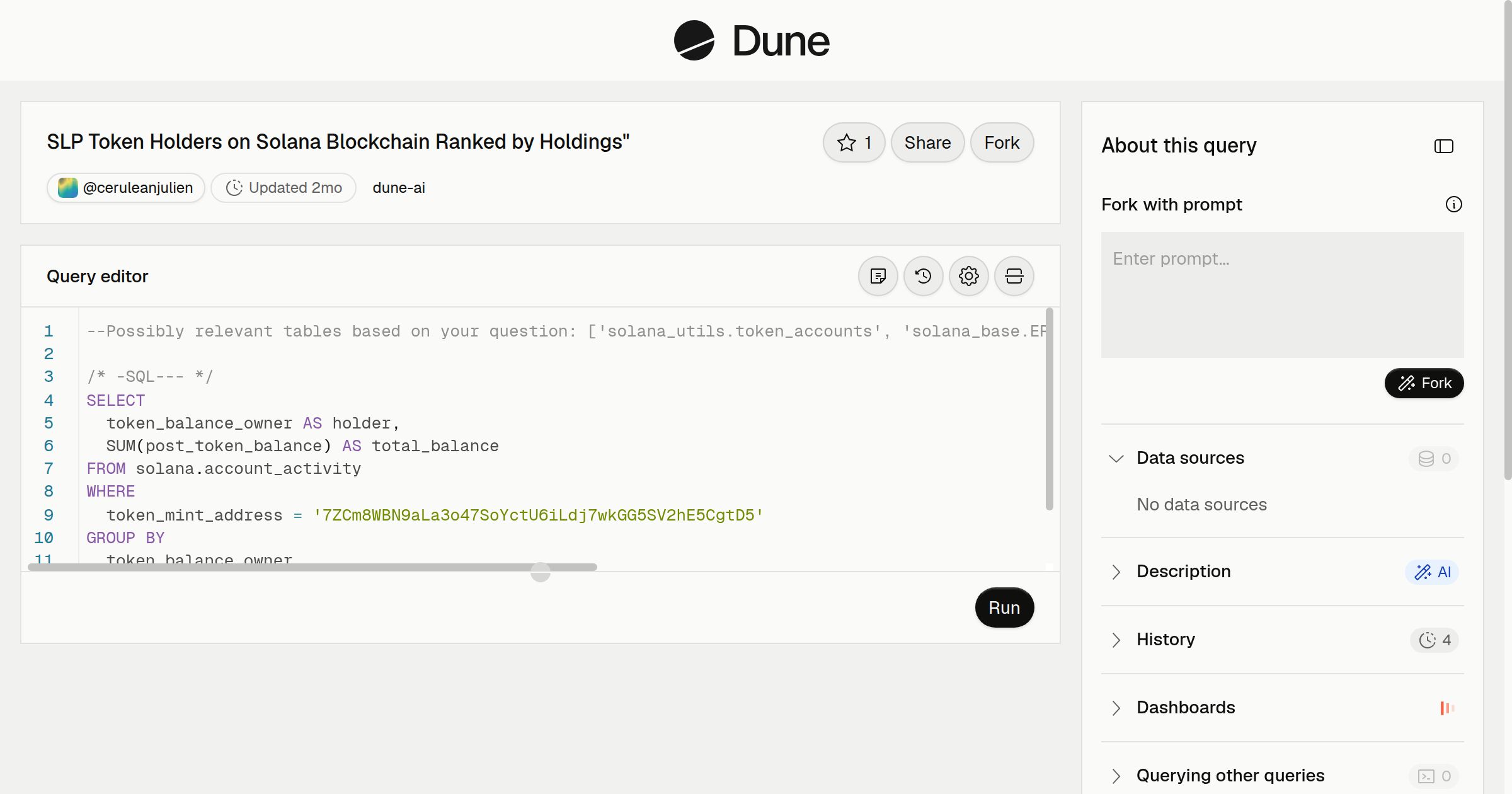SLP Token Holders on Solana Blockchain Ranked by Holdings" | Dune