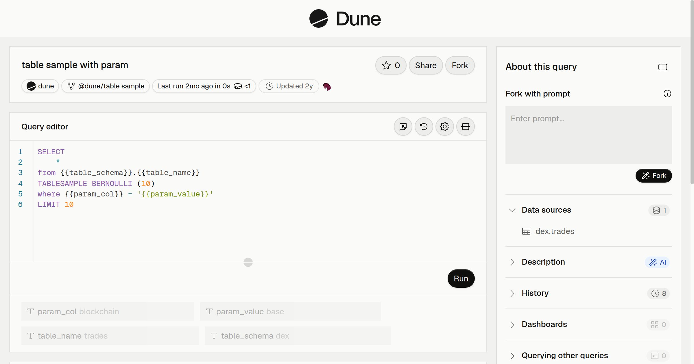 table sample with param | Dune