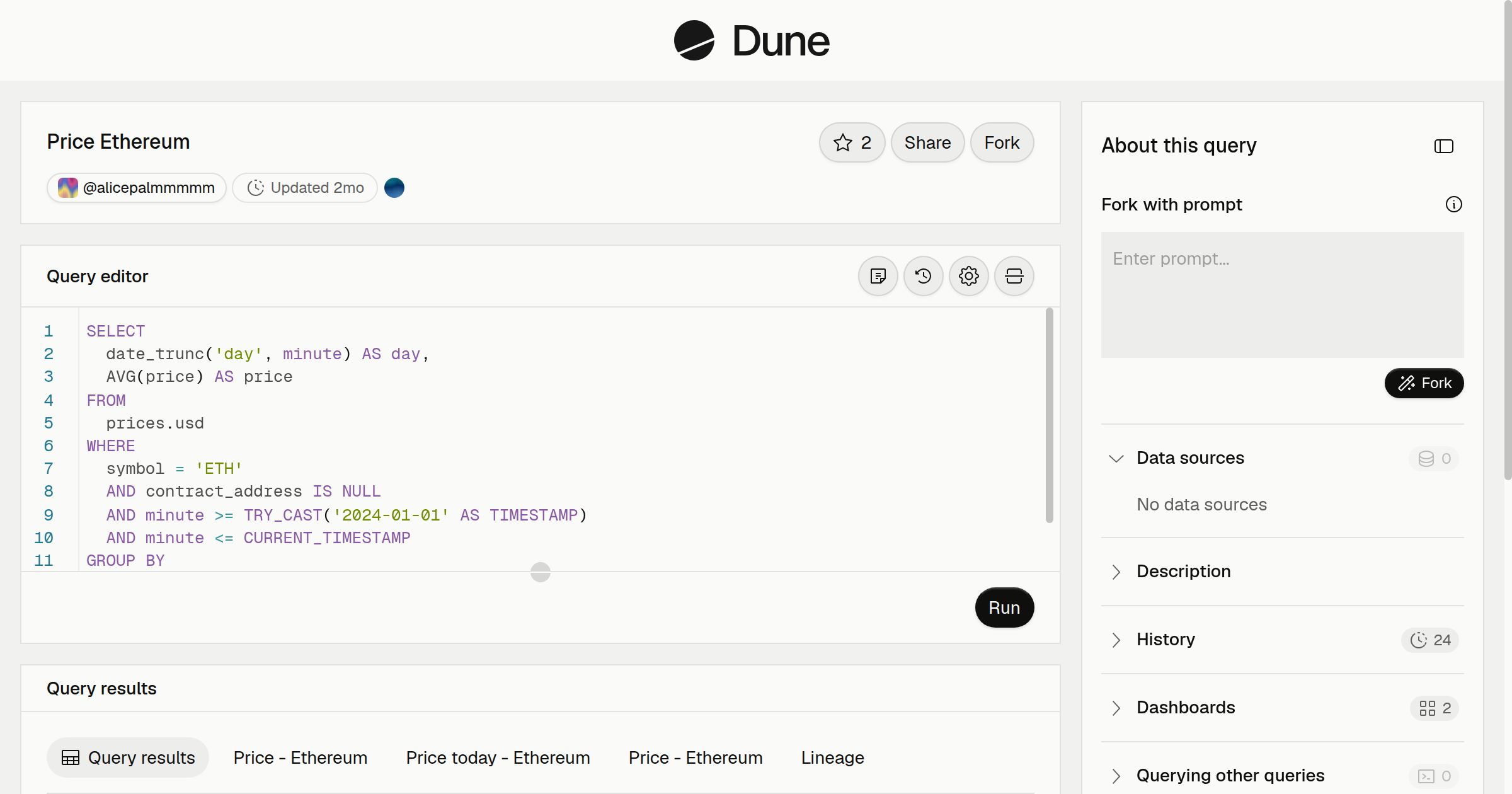 Price Ethereum | Dune