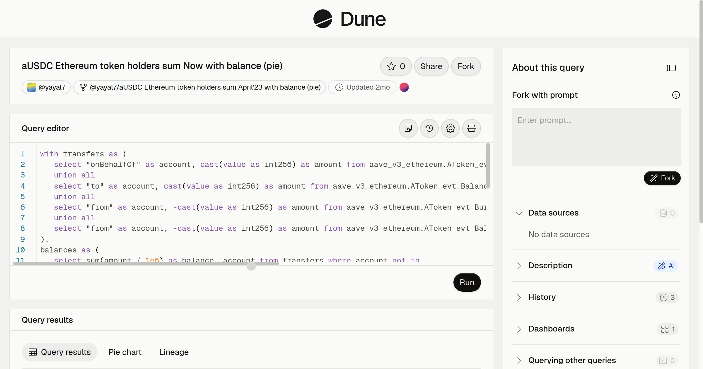 aUSDC Ethereum token holders sum Now with balance (pie) | Dune