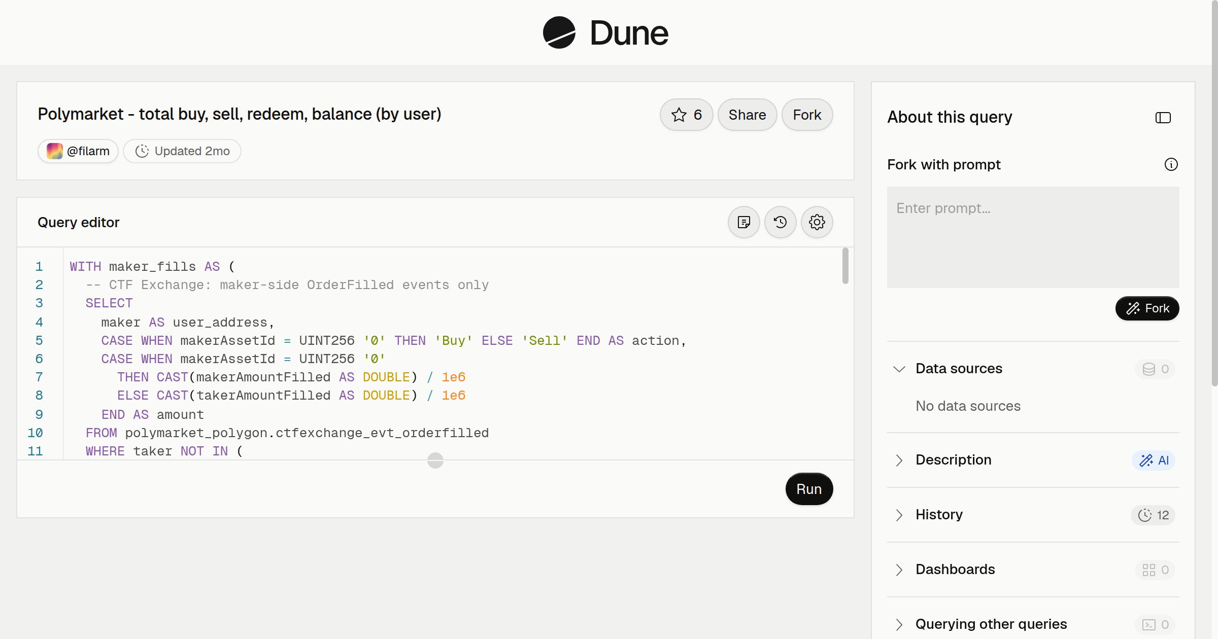 Polymarket - total buy, sell, redeem, balance (by user) | Dune