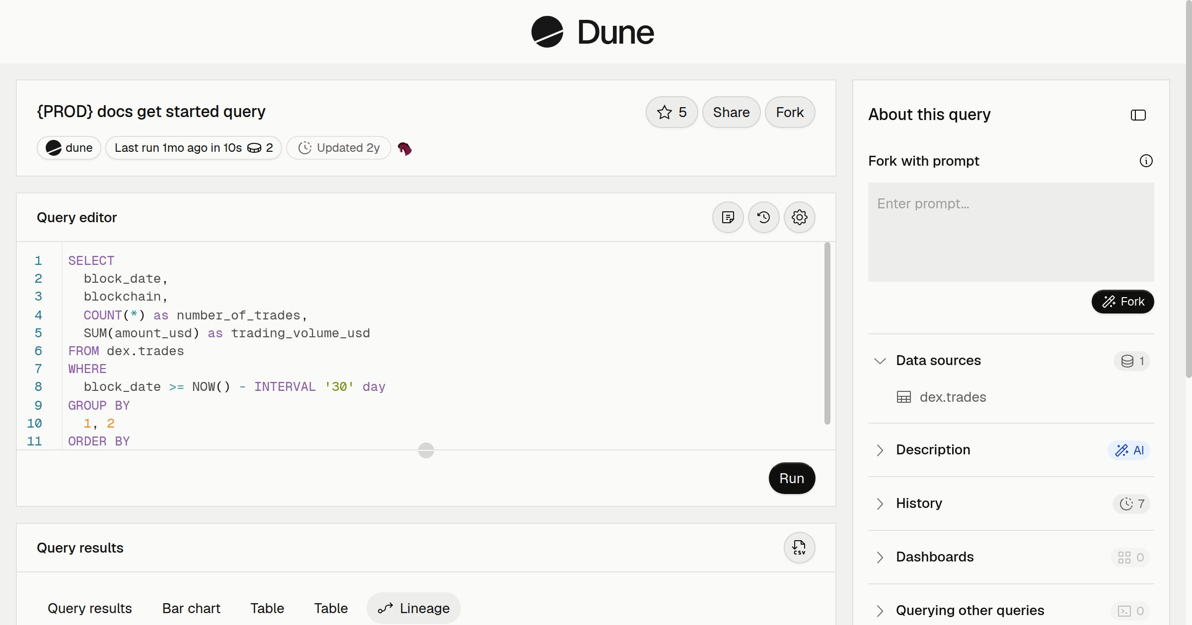 {PROD} docs get started query | Dune