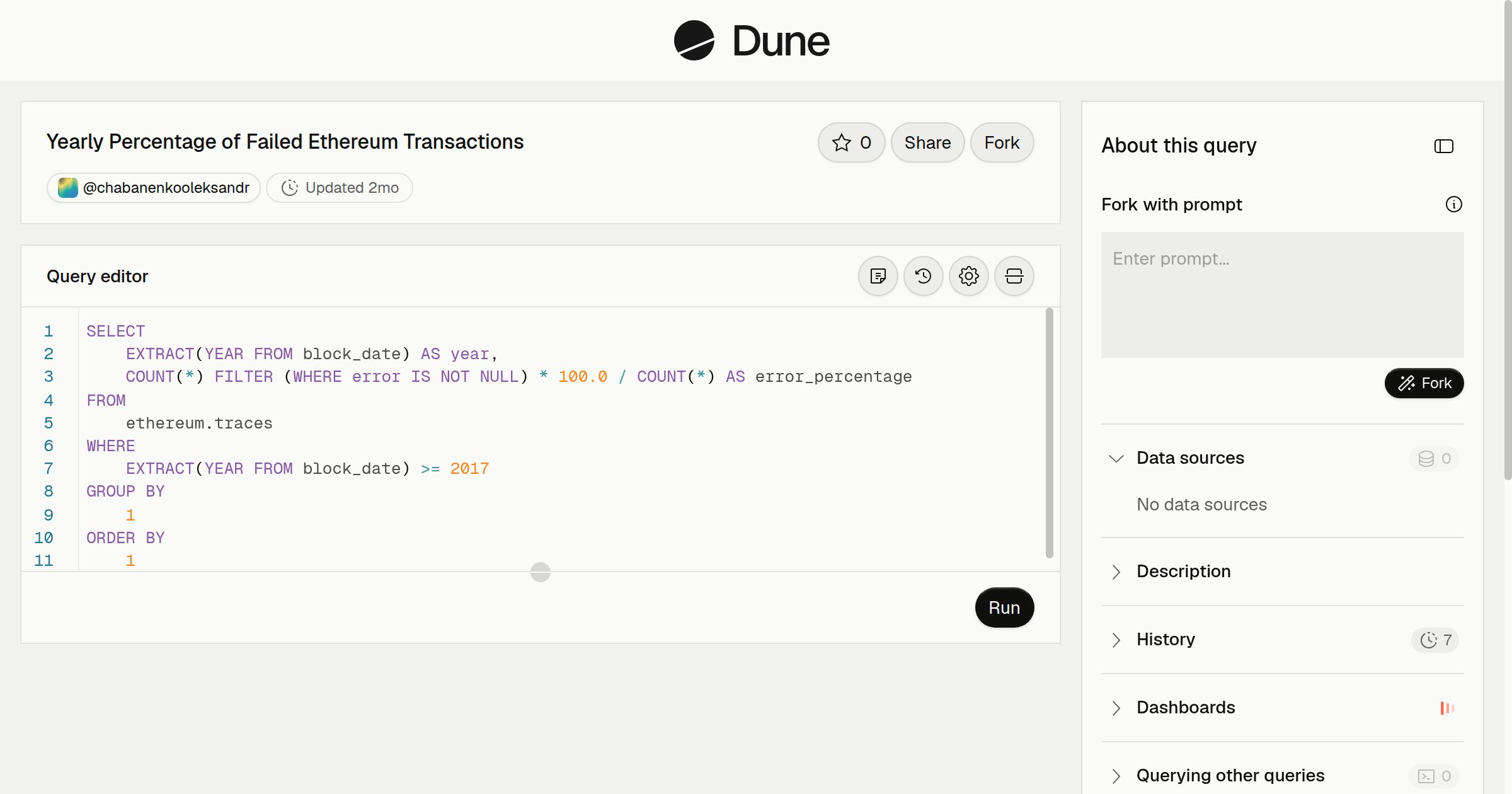 Yearly Percentage of Failed Ethereum Transactions | Dune