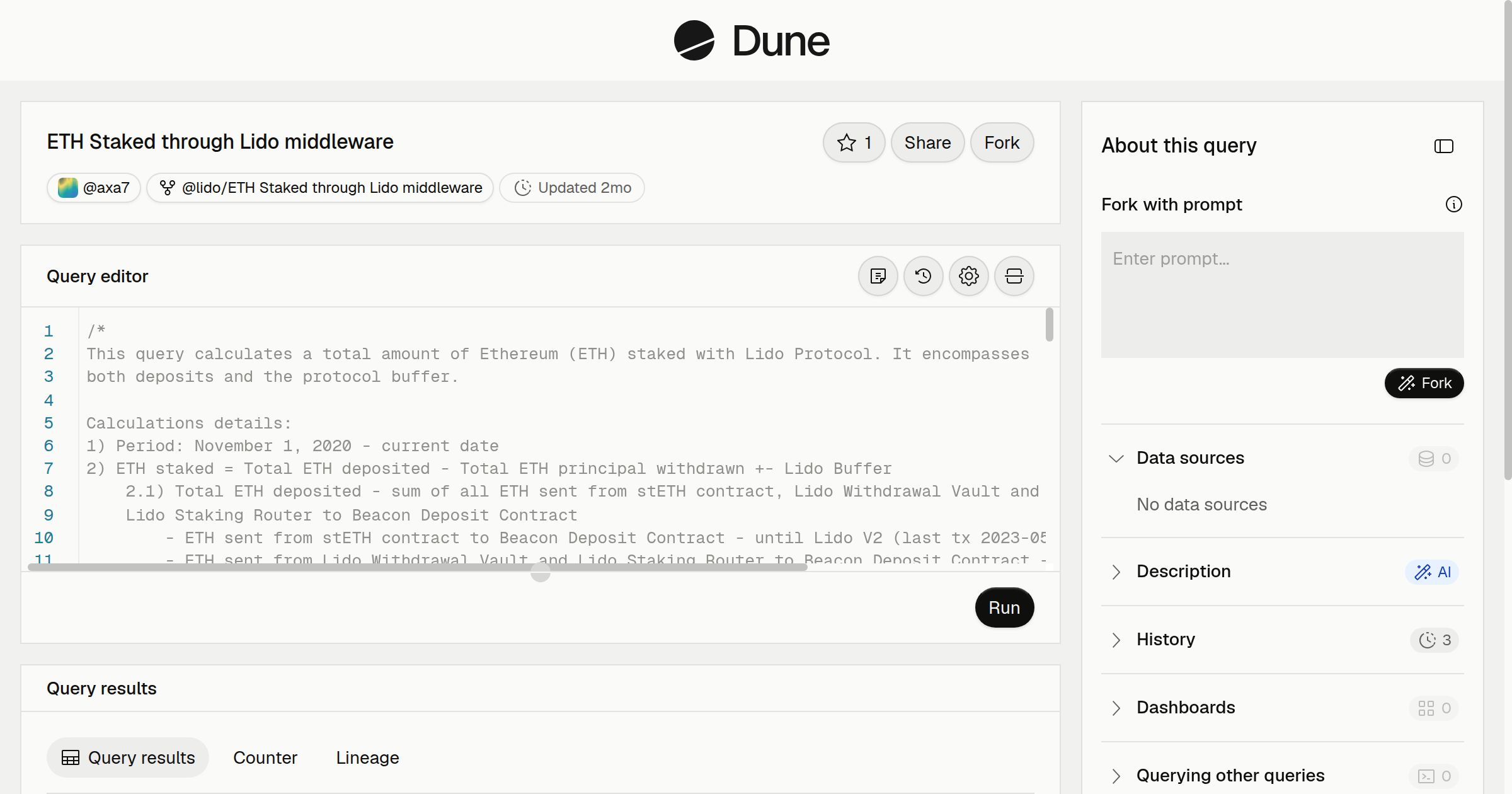 ETH Staked through Lido middleware | Dune