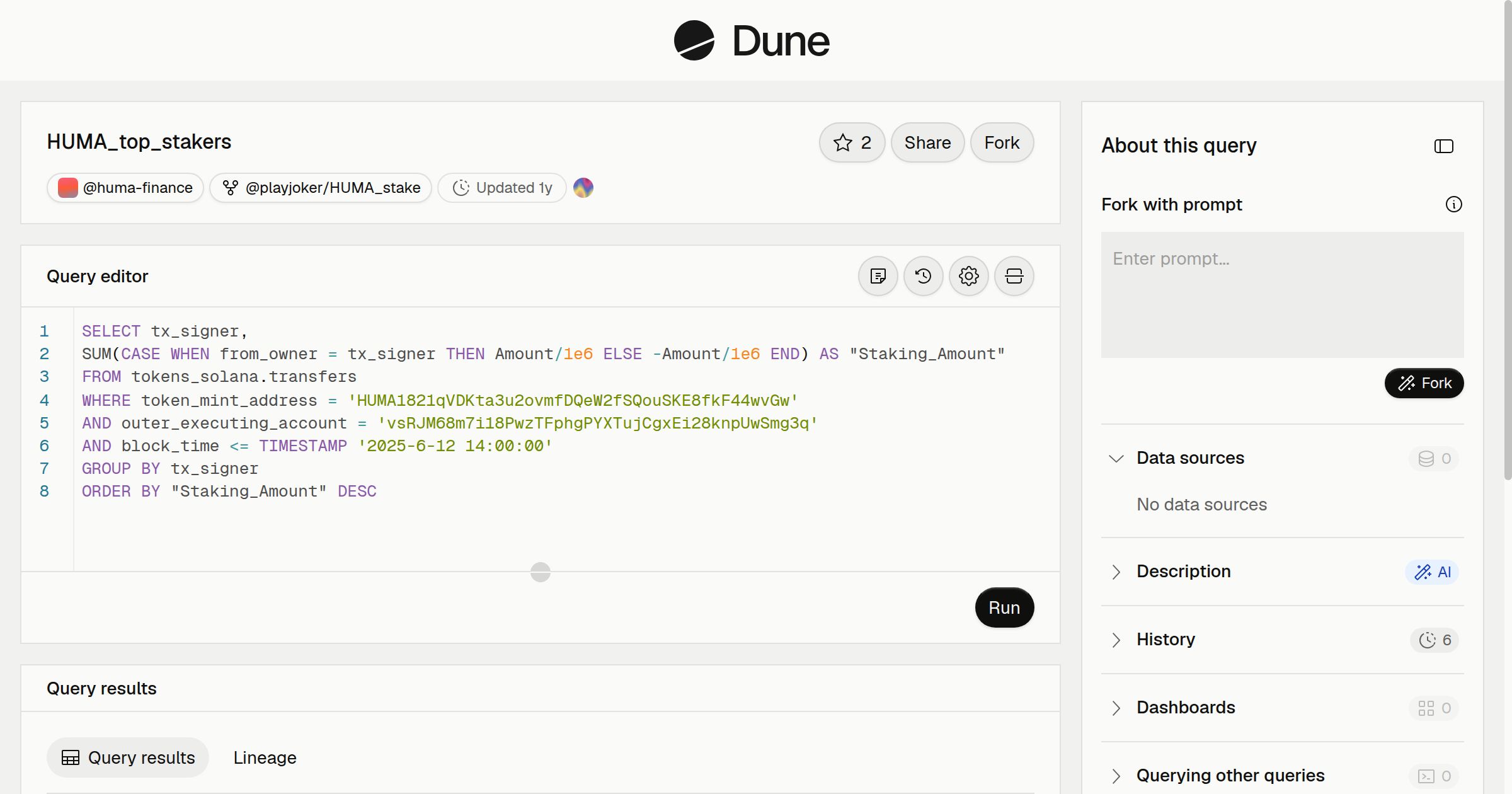 HUMA_top_stakers | Dune