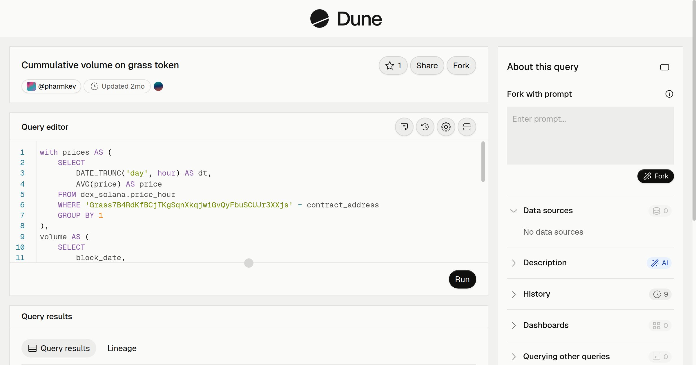 Cummulative volume on grass token | Dune