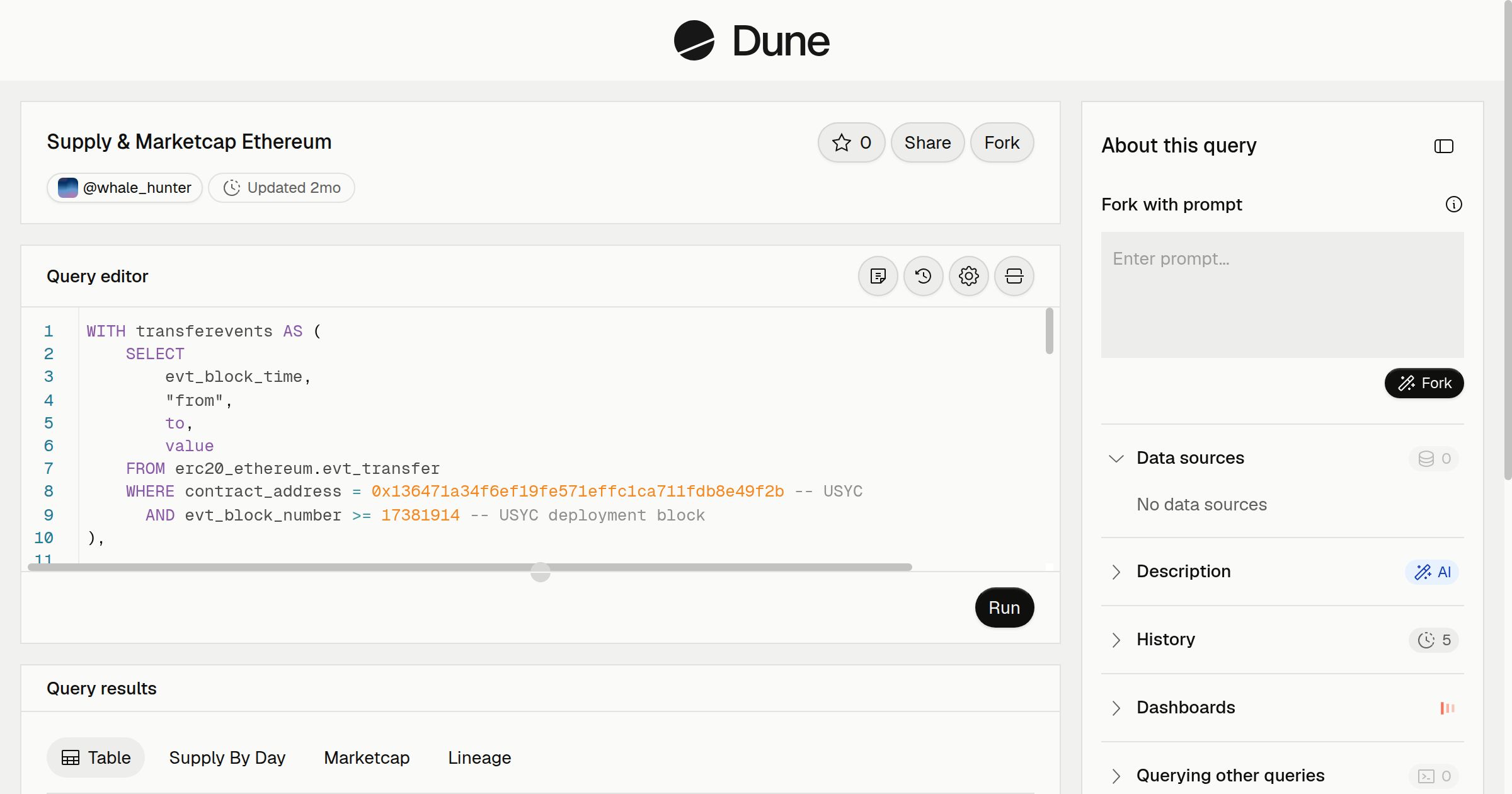 Supply & Marketcap Ethereum | Dune
